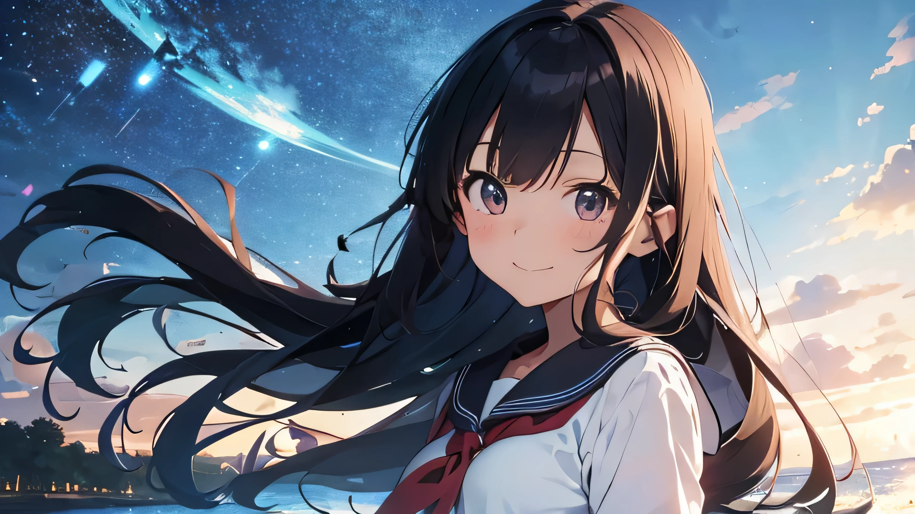 Naughty woman, 12 years old, wearing a sailor suit, Light blue, , close, anime, anime movie, A sparkling smile, bright brown eyes, black long hair