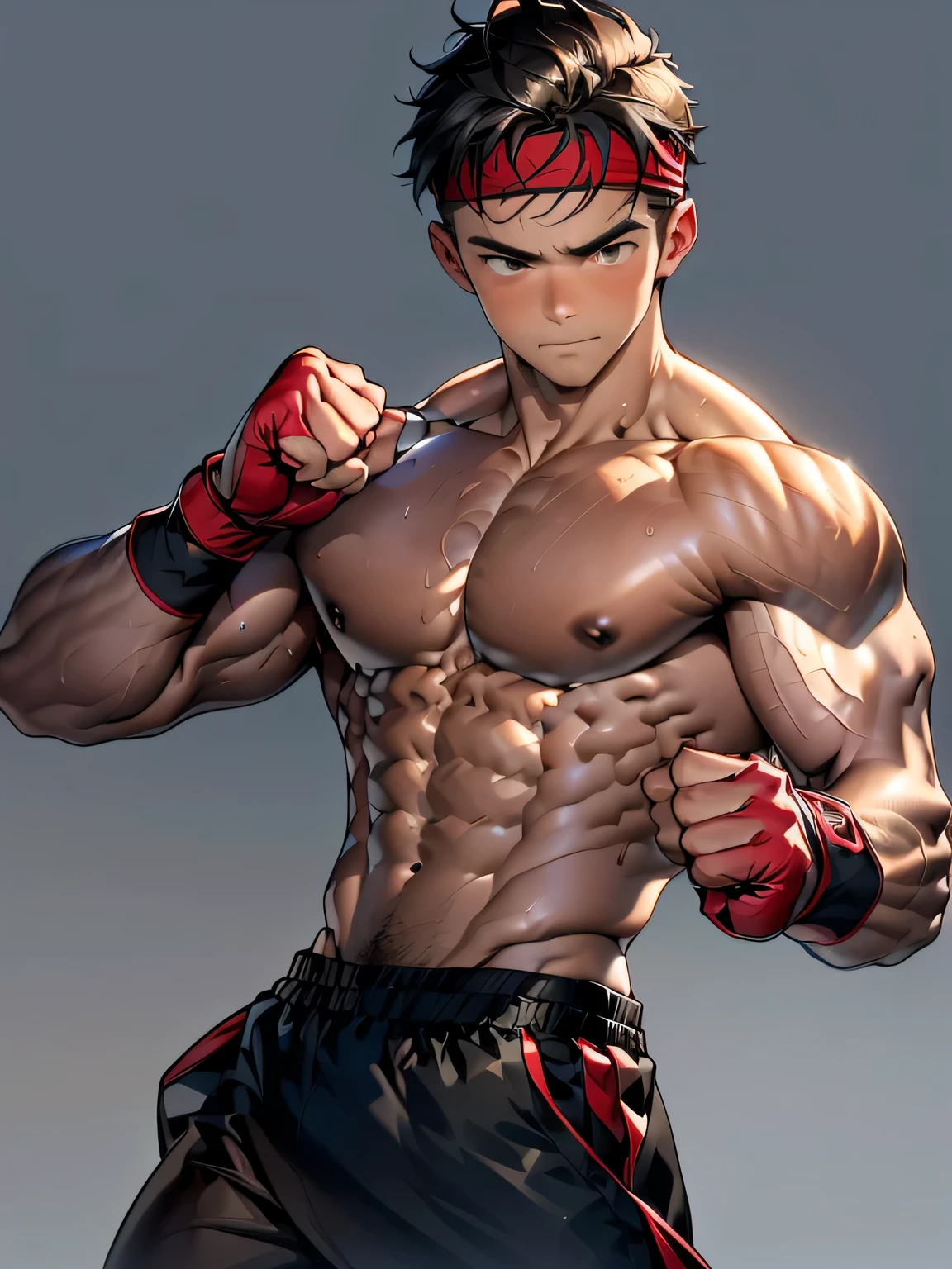 (Masterpiece, Best quality 19 year old boy, simple background, cowboy shot), solo, Young, boy, muscler, Shirtless, topless, (Dark Short straight hair, under cut, brown eyes), (red headband, ((black wristband))), Vivid colors, (hot Abs, abs!, big abs, big breast, chest!, muscler upper arms), (topless male), closed mouth, serious, muscler!, muscler body, Man with martial arts stance, (((epic punching pose)))