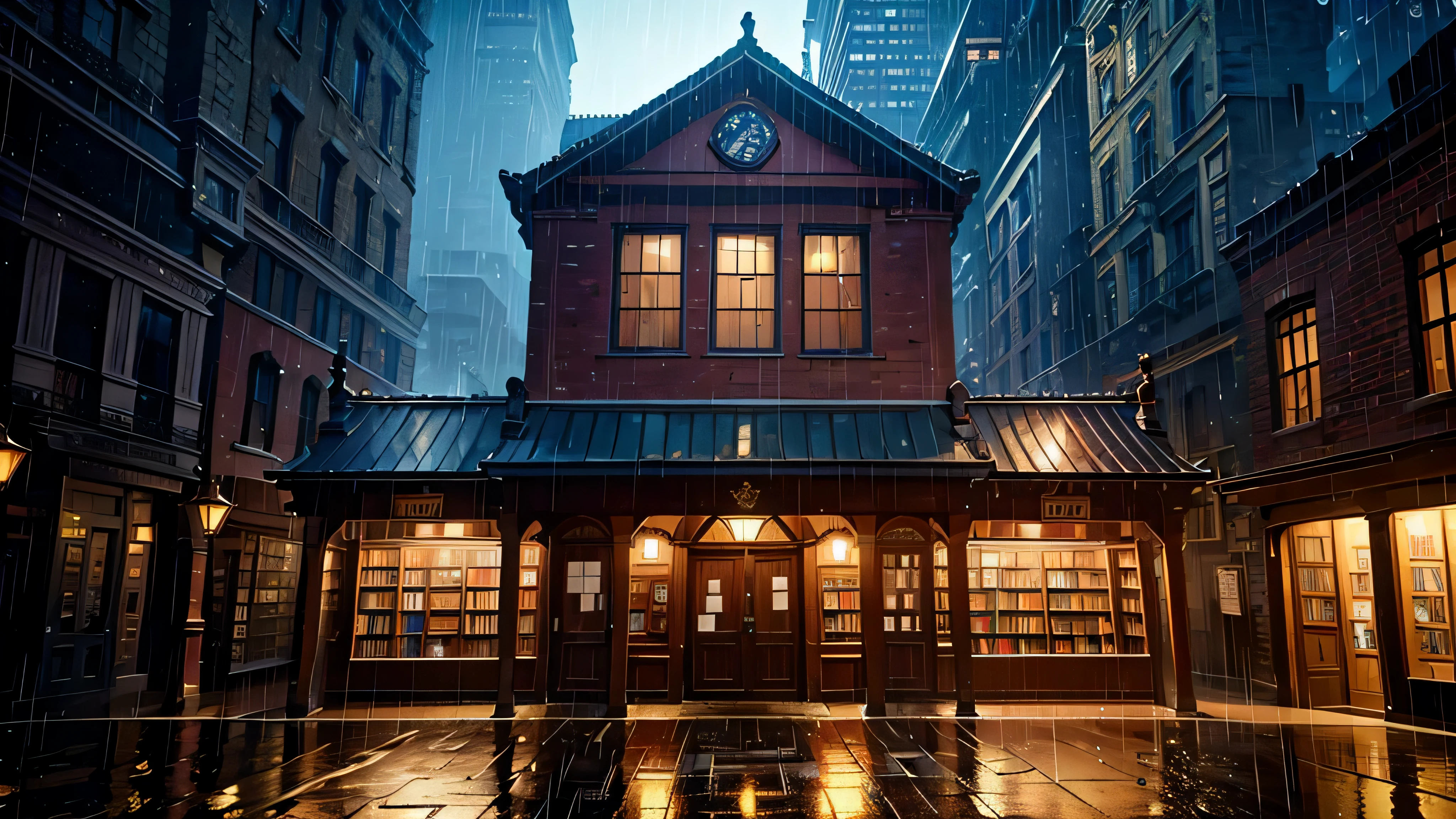 Generate an image of a historic building that resembles an old bookstore, with the entrance prominently visible from the front view, captured at nighttime while it's raining.
