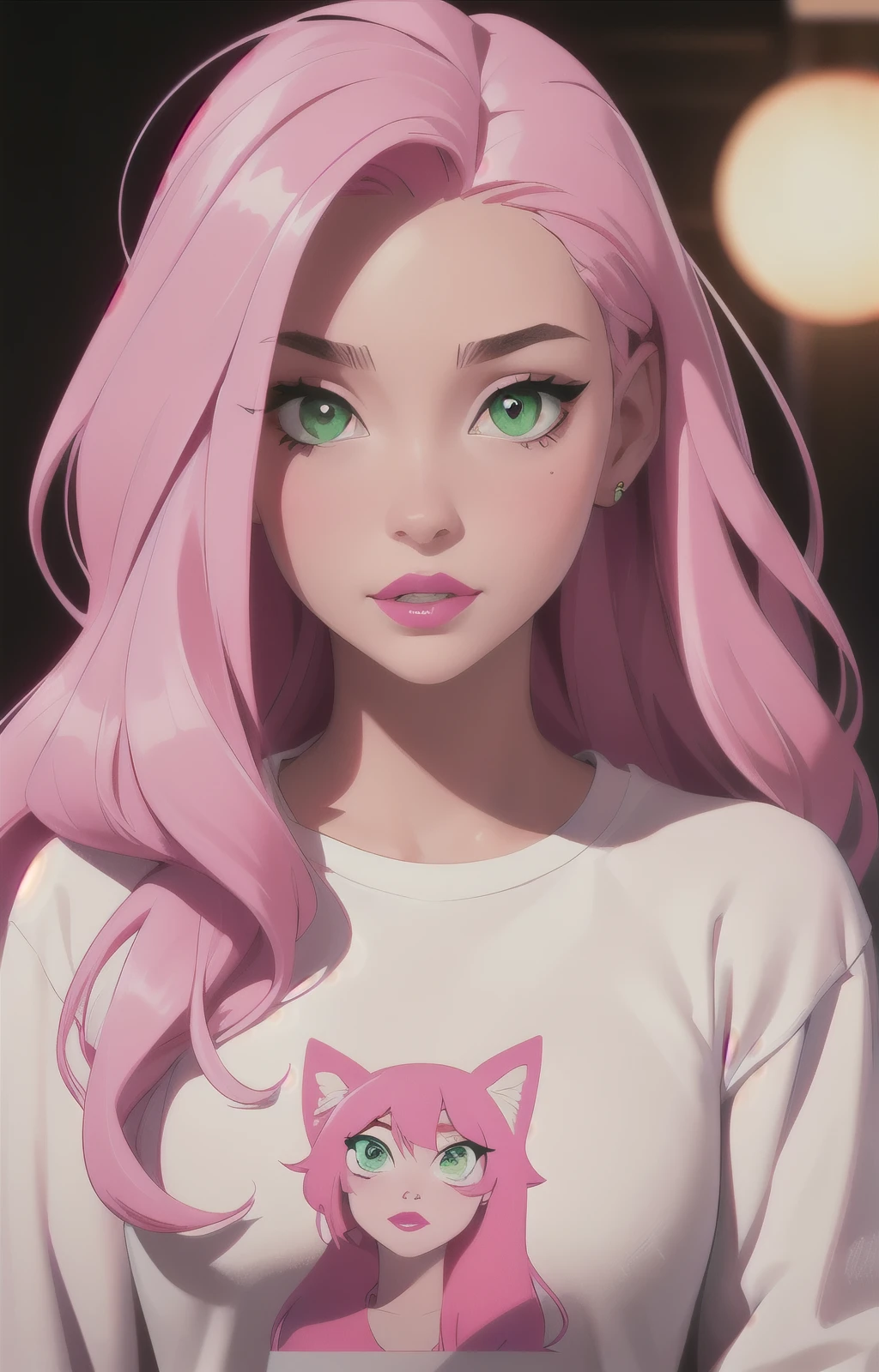 Girl, long pink hair, green eyes, sharp features, white skin, pink lips, red t-shirt with sleeves