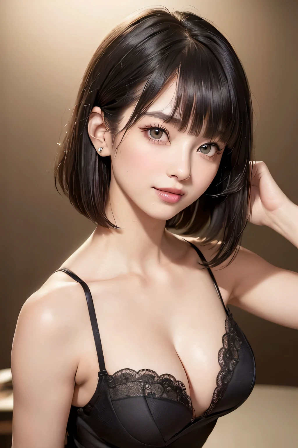 (table top, highest quality、ultra high resolution、face focus focus、focus on the sides、very attractive beauty、Add intense highlights to your eyes、look closely at the camera:1.4、Absolutely beautiful bangs:1.4、brunette short hair with bangs:1.4),1 girl, Report, black haired, realistic, looking at the viewer, pale black eyes, short hair, lips, lip gloss, Upper body、Big eyes、eyelash)、((natural background、hyper real stick:1.4))、((short hair with bangs:1.4、Beautiful bangs with 46 points:1.4、{Huge|big|huge|mega} chest:2, cleavage:2、Big eyes、Give your students very powerful highlights、very bigger chest、look at the audience、very beautiful beauty、show me your ears、beautiful long neck、beautiful decollete、smile、A smilee　beautiful teeth、Open your mouth and smilee))、18-year-old、very cute super model、perfect anatomy