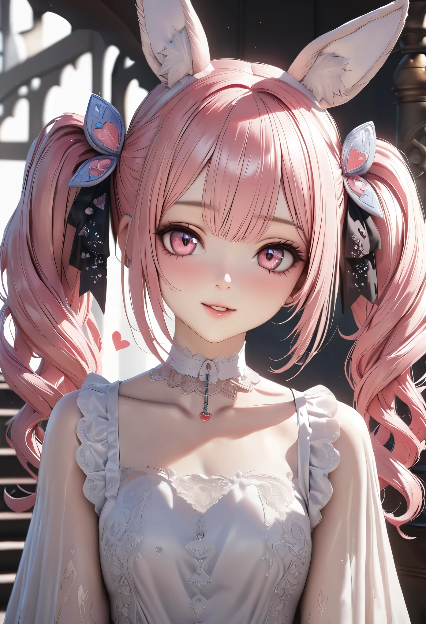 Top quality, best quality, super detailed, hi-res, high resolution, HDR, 4k, 8k, unity 8k wallpaper, highly detailed CG, masterpiece, realistic, photorealistic, 2D, 3D, beautiful details, depth, fine textures , ultra-fine: 1.3, fully focused, crispy.skin, .berak,
Very cute anime girl with pigtails hair in a pink bun dressed like a doll, smile,one girl,Her name is Mira, solo, pink hair, animal ears, mole under the eyes, looking at viewer, dress, blush, white Dress, mole, bunny ears, parted lips, hair ornament, heart, pink eyes, choker