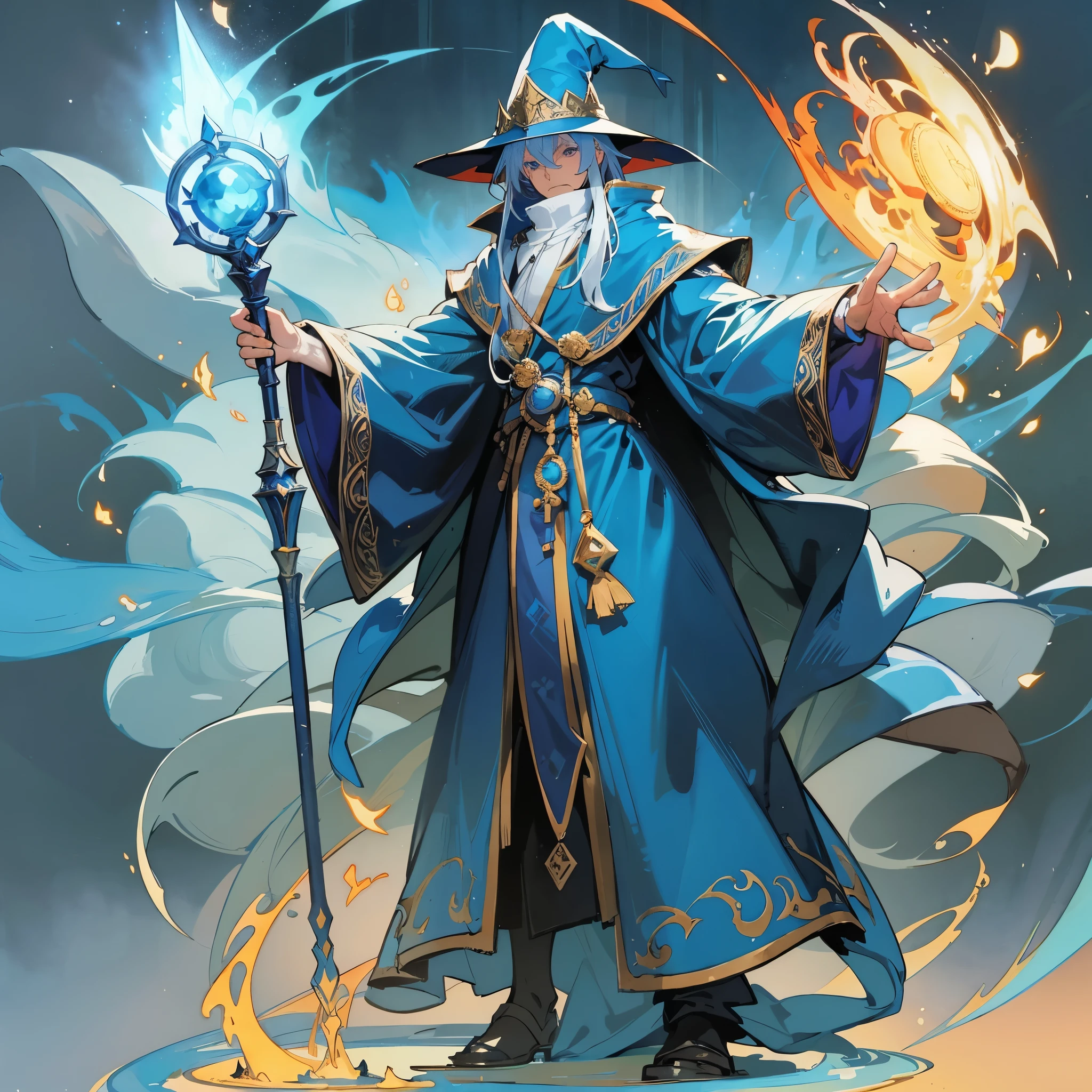 an older man(European medieval magician),Wearing a mage hat,Wearing a blue mage robe,Holding staff,Stand in the magic array,releasing magic,surrounded by fire and ice。Medium shot composition,full body pictures,Characters and scenes,Anime illustration style,watercolor style,HD,4K。