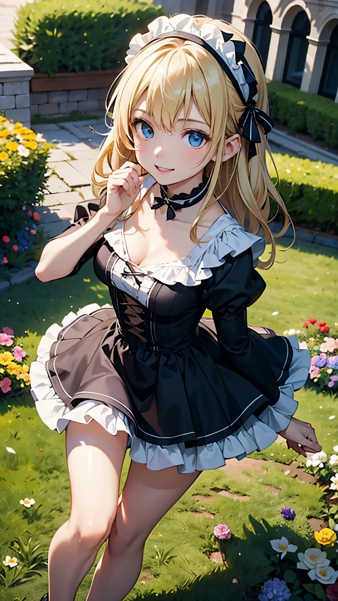 (masterpiece, highest quality, highest quality,official art),(1 girl:1.3),(attractive girl),((masterpiece, highest quality))、8K、one woman、(26 years old)、((blonde))、shortcut、attractive woman、blue eyes、Big eyes、sparkling eyes、Beautifully drawn eyes、bright smile、small bust、blue gothic maid、white headband、Knee to head、(dance)、flower bed full of blooming flowers、Gorgeous illustrations、aerial perspective、pure、transparent、Light、Light、Light、Light、