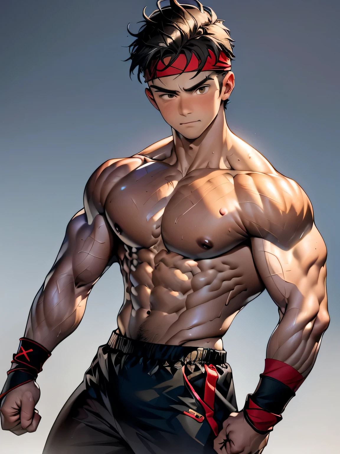 (Masterpiece, Best quality 19 year old boy, simple background, cowboy shot), solo, Young, boy, muscler, Shirtless, topless, (Dark Short straight hair, under cut, brown eyes), (red headband, ((black wristband))), Vivid colors, (hot Abs, abs!, big abs, big breast, chest!, muscler upper arms), (topless male), closed mouth, serious, muscler!, muscler body, Man with martial arts stance, (((epic punching pose)))