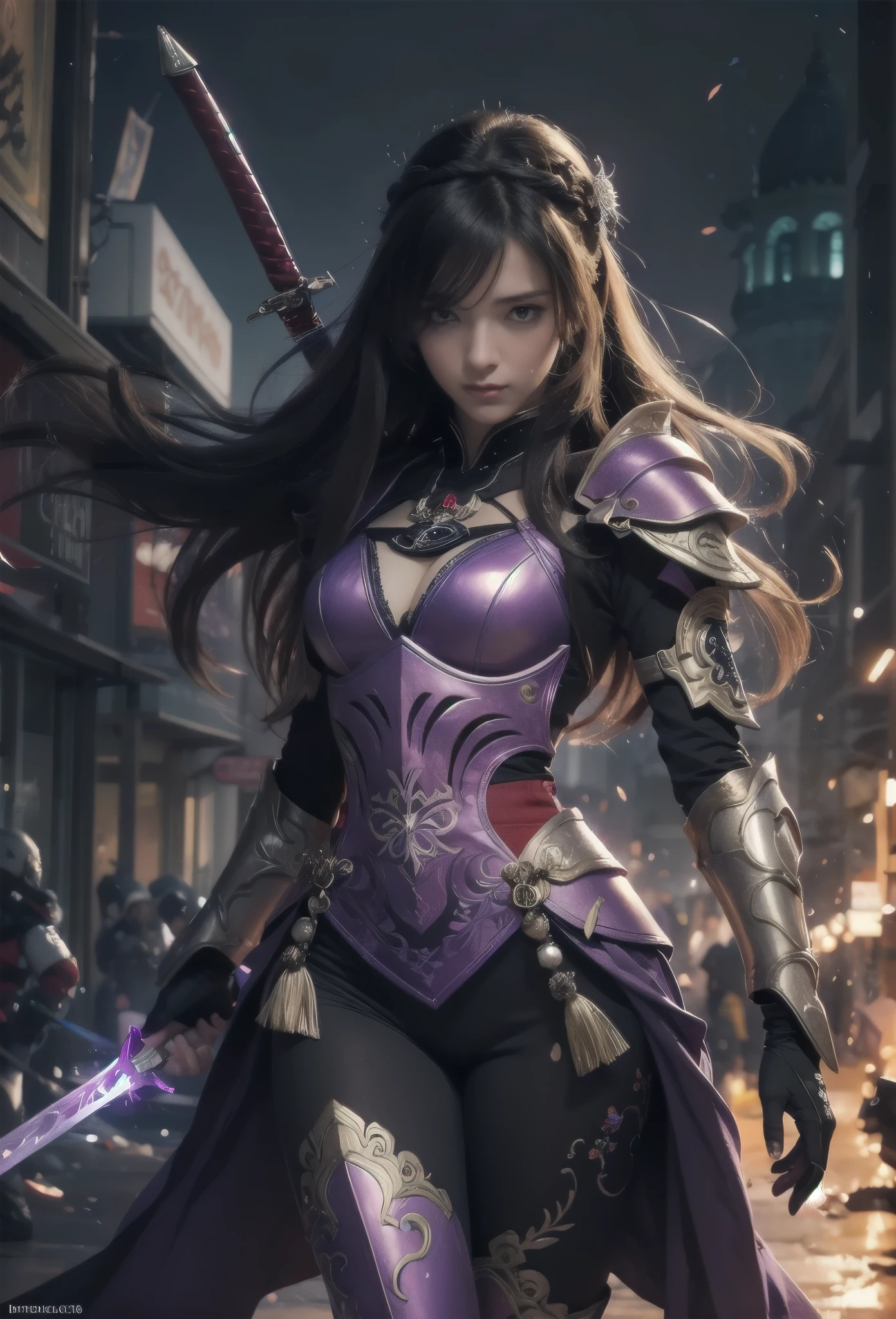 (Detailed illustrations,Desenho muito detalhado e detalhado,Delicate lines with slow and fast movements,realistic texture expression),[Colorful braided main line],(Fundo do campo de batalha do mundo de fantasia [castelo em chamas]),(ROBOT GIRL 16 years old (PURPLE Scorpio[METALFACE]) (magrelo)) [GUN MACHINE],((Armadura NINJA Sengoku))[parar],[[poisonous scorpion pattern]],[Use uma espada ninja como arma],[[Giant size of the mobile gun][Mechanical science fiction]],[Light purple translucent shell covering the surface of the body],(Complex and beautiful decoration [Detalhe denso]),[transparency],(Precisely drawn face)[perfect eye detalhes(Beautifully drawn iris in every detail)[Eyes like jewels]],[long and beautiful eyelashes],[Cabelo meticulosamente desenhado [Beautiful and lustrous hair details]],(perfect hand detalhes [Dedos lindos sem quebras [Unhas lindas]]),(anatomia perfeita(Perfeitamente proporcionado))[[Corpo inteiro como]],[Optimal color coordination(Accurate simulation of light-material interactions)],([Precision detail](detalhes,alto detalhe)),[Arte visual que transmite um senso de narrativa].