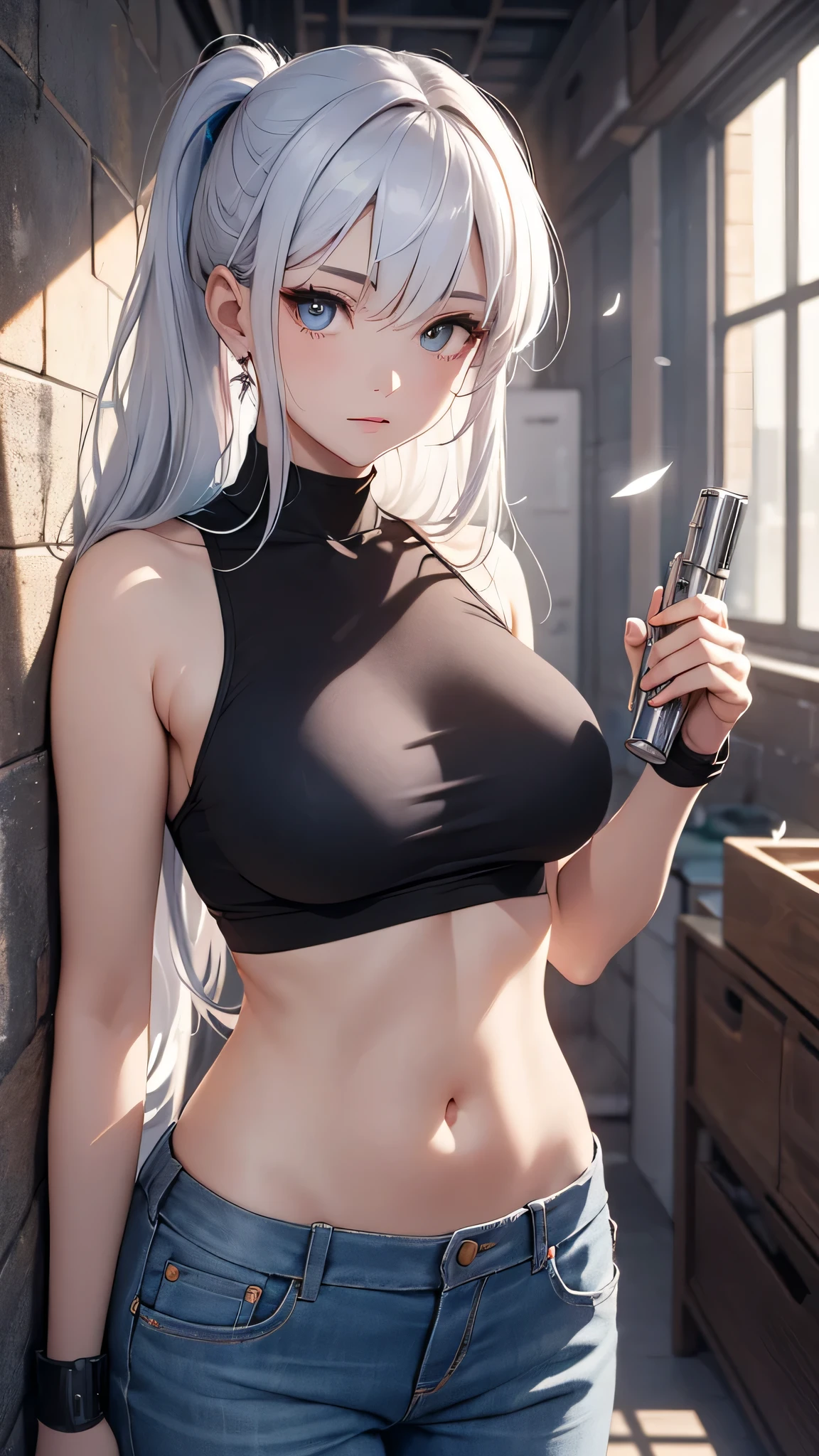 最high quality、best image quality、masterpiece、girl((18-year-old、 By becoming、vest bust、medium bust,wide open breast tea、shining eyes, silver hair、ponytail、long hair、thin,highest valley、white tank top、blue pants、Wristband、brown skin、Holding a handgun)),high quality、beautiful art、background((Dark Research Facility、aisle、broken wall、warning mark、battlefield))、Flight、debris flies、Depth of written boundary、movie、visual art、perfect art、8K,genuine、