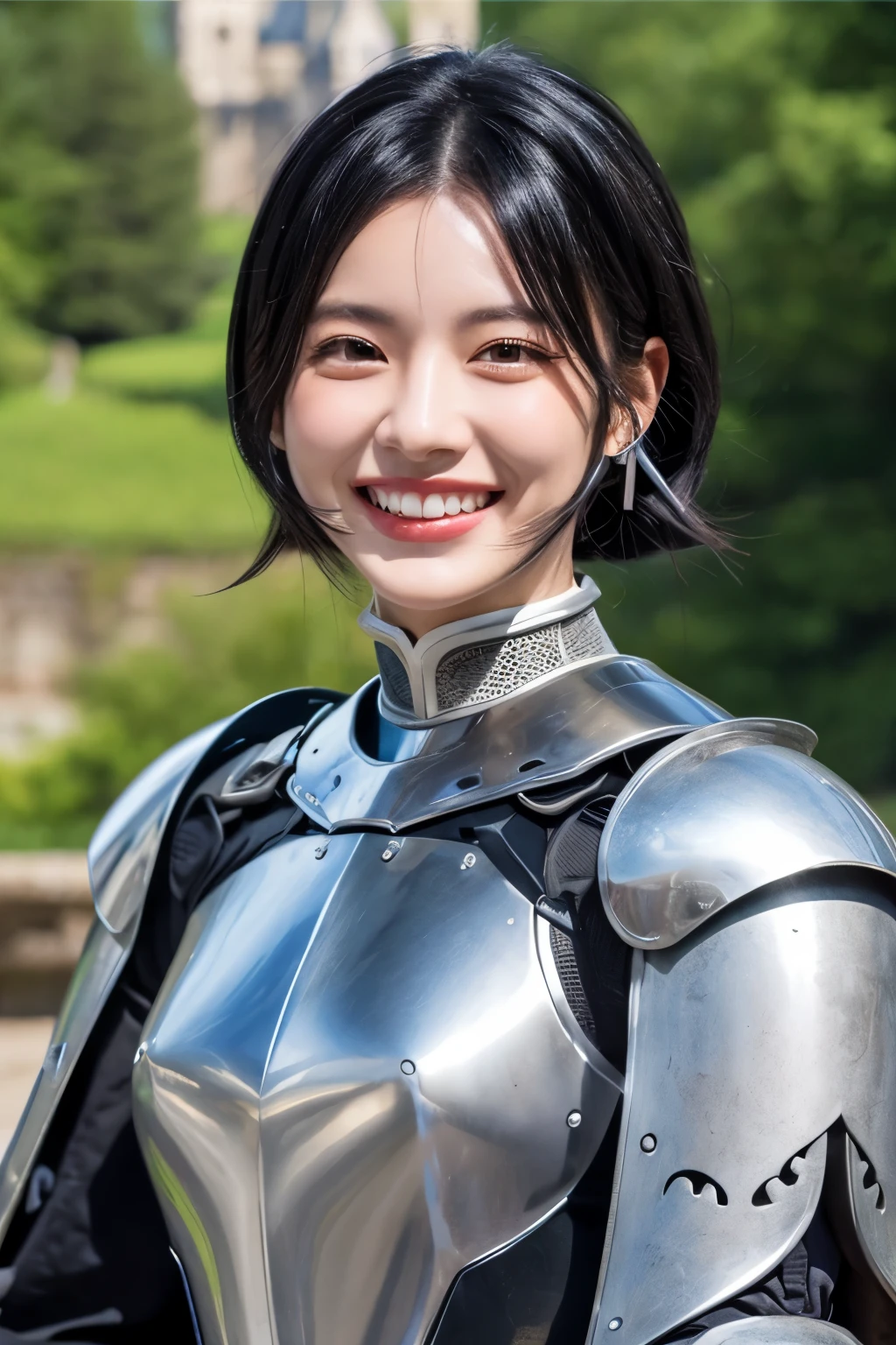 highest quality、４Ｋ、The background is a castle、slender body shape、female knight、black hair、smile、beautiful teeth、hairstyle shortcut、ear piercing、full body photo、Luxurious Silver Armor、He wears a helmet on his head