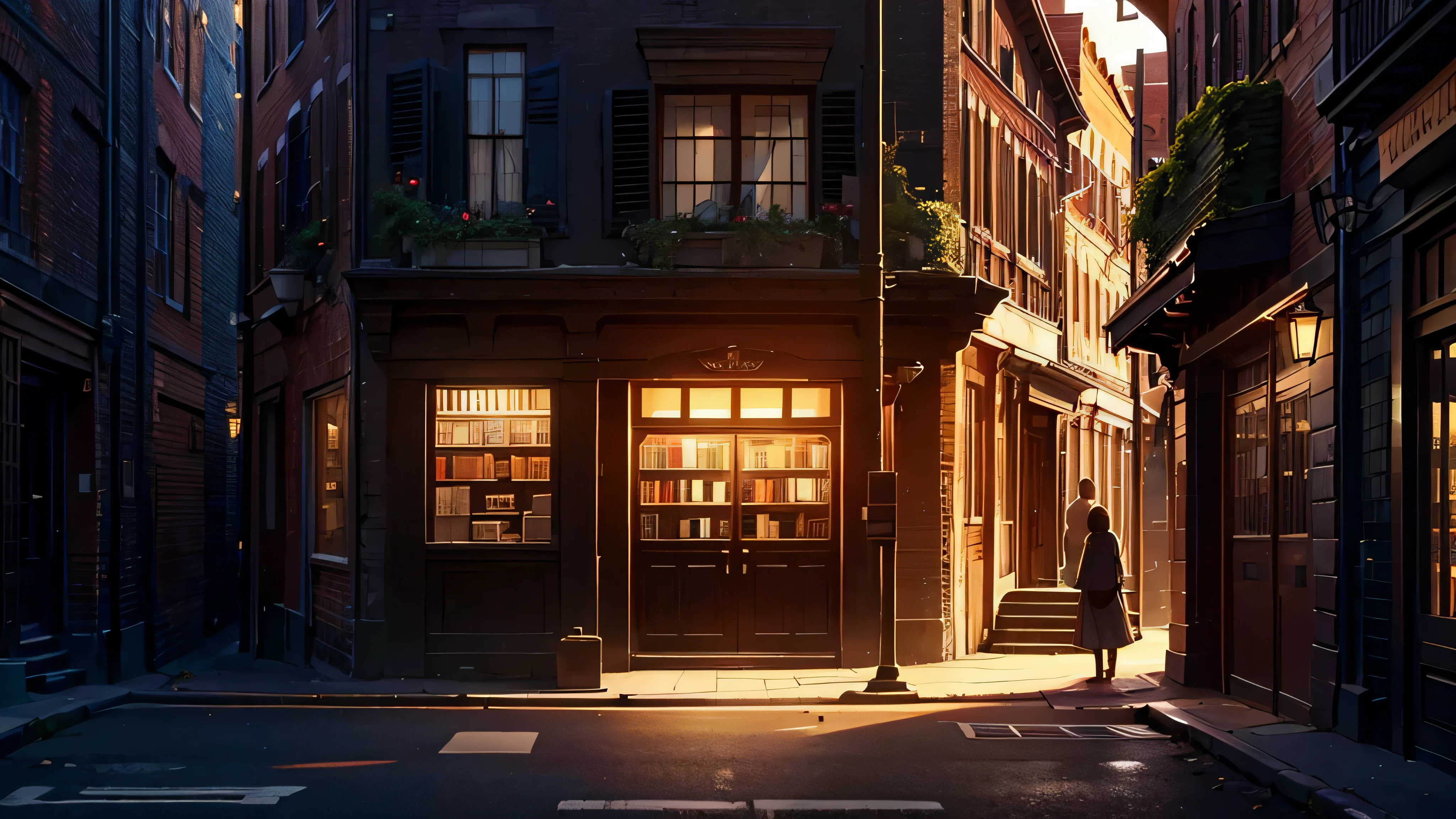 Generate an image of a historic building that resembles an old bookstore, with the entrance visible from a diagonal front view, captured at nighttime.