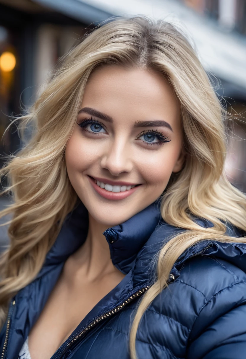 8K, Best quality, Meisterwerk, Ultra high resolution, (Realismus: 1.4), Originalfoto, (realistische Hautstruktur: 1.3), (Filmkorn: 1.3), (Selfie-Winkel), 1 girl, Beautiful eyes and facial details, Meisterwerk, Best quality, Full body shot, den Betrachter anschauen, langes glattes blondes Haar, grosse Brust, dezentes Make-Up mit Eyeliner, embarrassed smile, shiny navy puffer jacket and very tight jeans