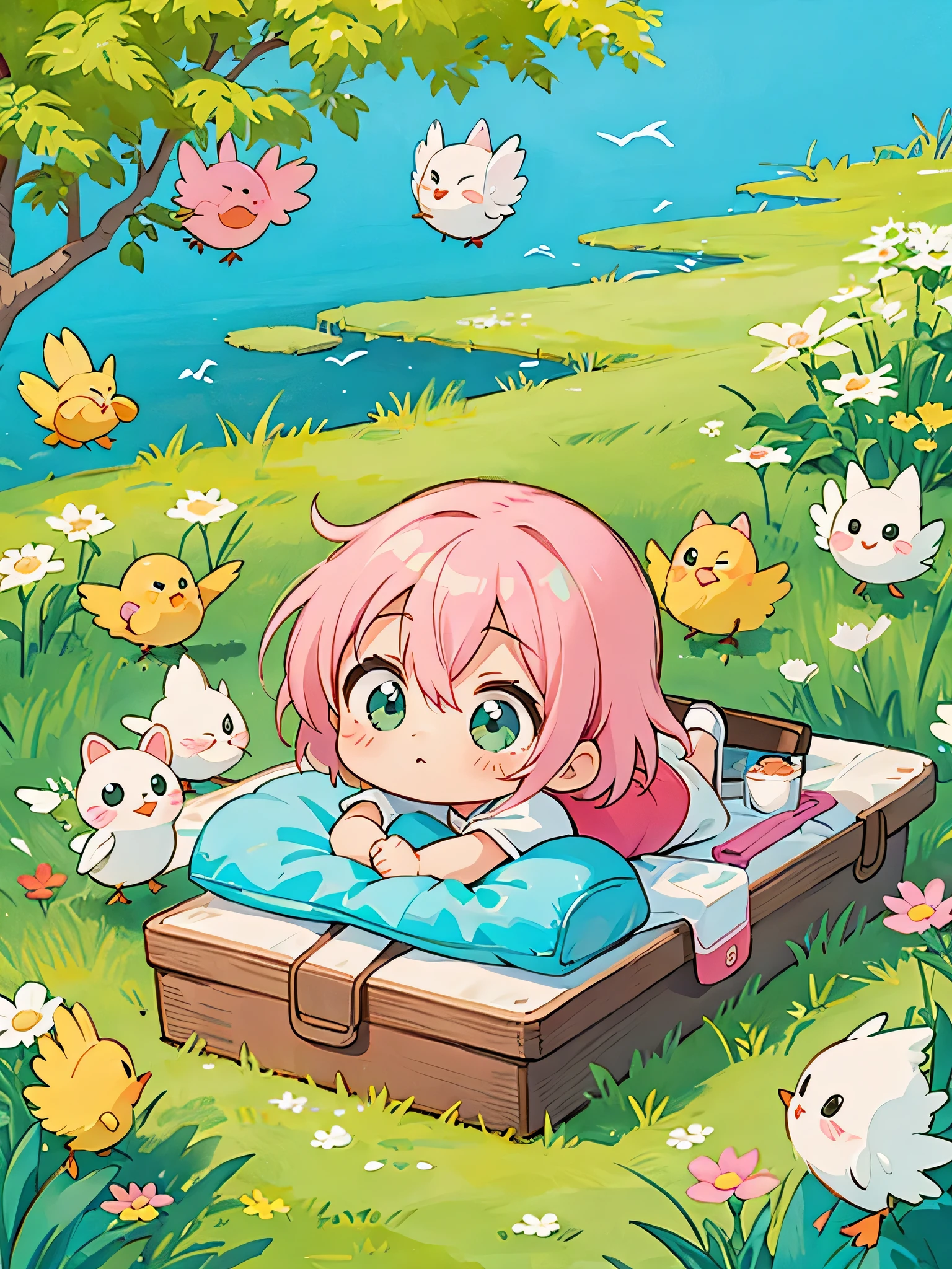 akira toriyama style, Kawaii Design, most beautiful girl ever、Chibi, beautiful spring afternoon、birdie、picnic