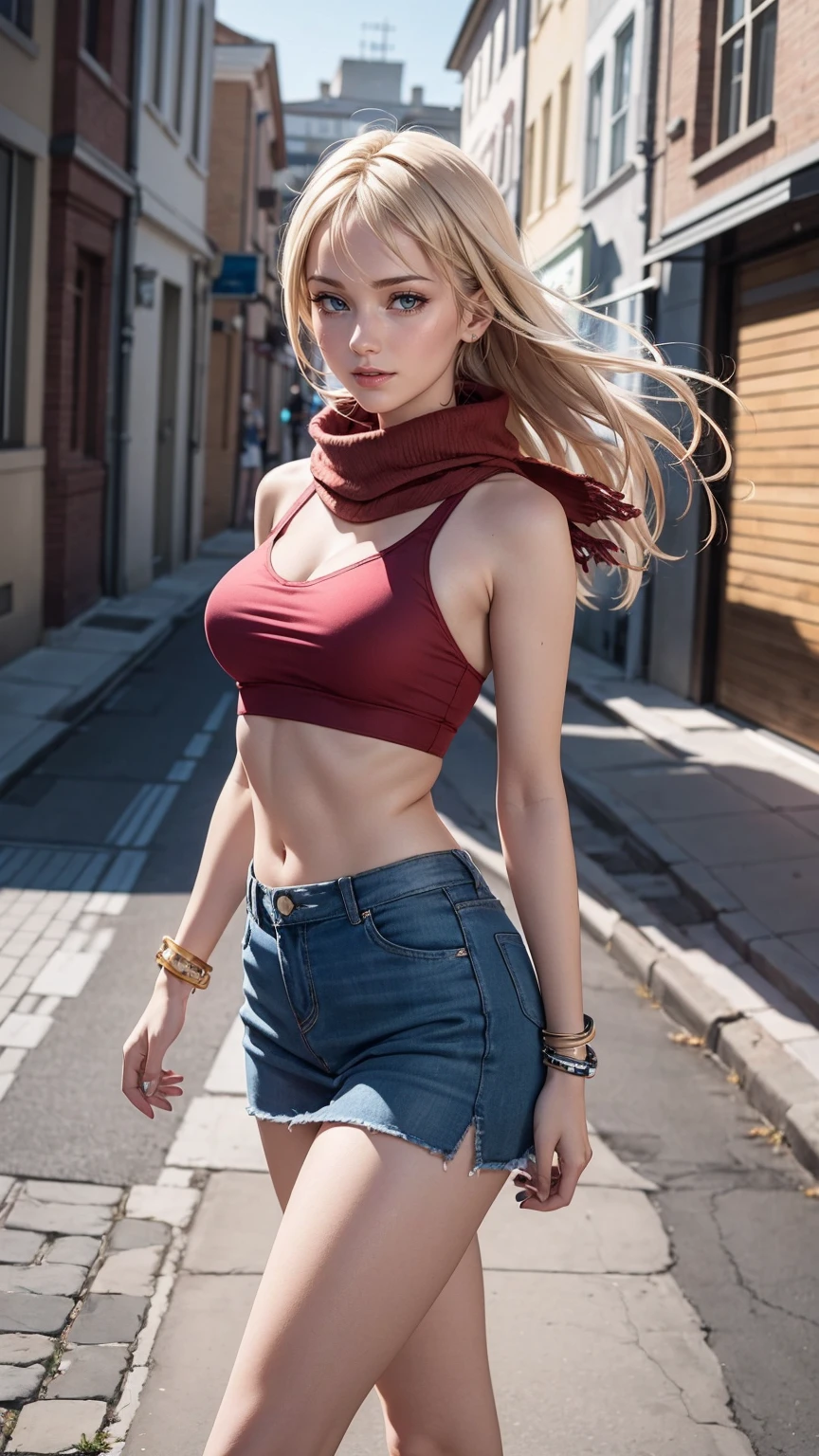 ((最high quality, 8K, masterpiece: 1.3, Ultra HD, high quality, 最high quality, High resolution, realism)) 、25 year old white woman、platinum blonde、blue eyes、long hair、smile、slender、A soft and plump feminine body、I don't want my head to disappear from the screen.、手首にアクセサリーapply、Wearing red nail polish、I have a peticure、anklet((anklet))apply、front cutout((front cutout))wear tops of、Wear a low-rise miniskirt、wear sneakers、smile、wrap a scarf around your neck、scarf dancing in the wind、I'm on an old cobblestone street、model pose、smile