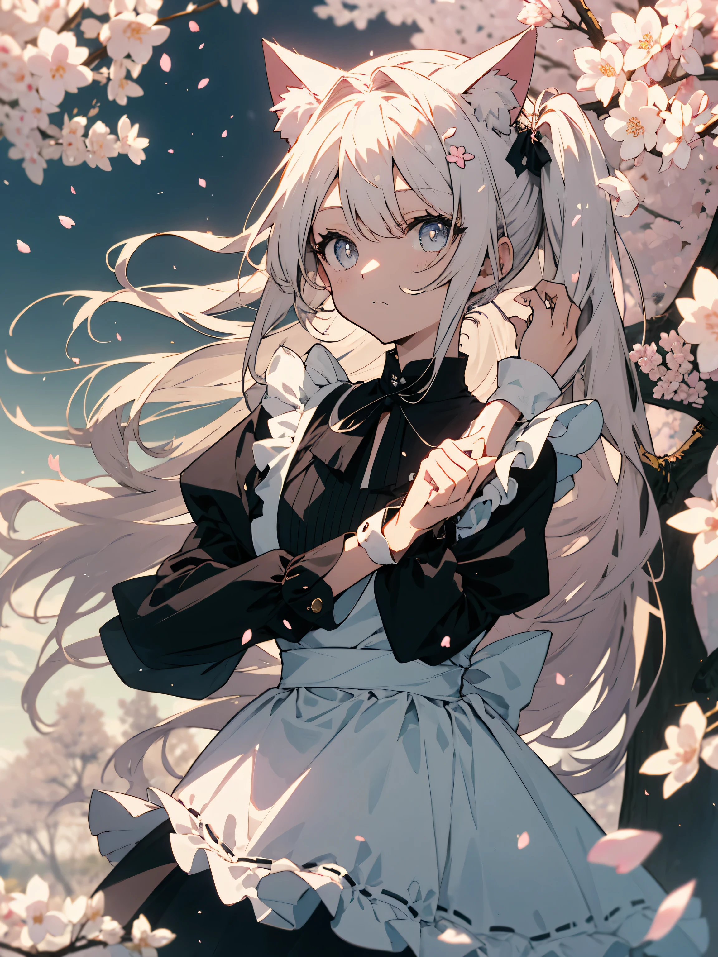 (highest quality、masterpiece、High resolution、be familiar with)、(shining eyes、be familiar with美しい顔)、(1 girl、maid),(maid clothes、Spring specifications)、(Cat ears on the head)、(cute)、(pastel colour)、BREAK,spring landscape、pop theme、 cherry blossom background、(beautiful anime)、dynamic angle
