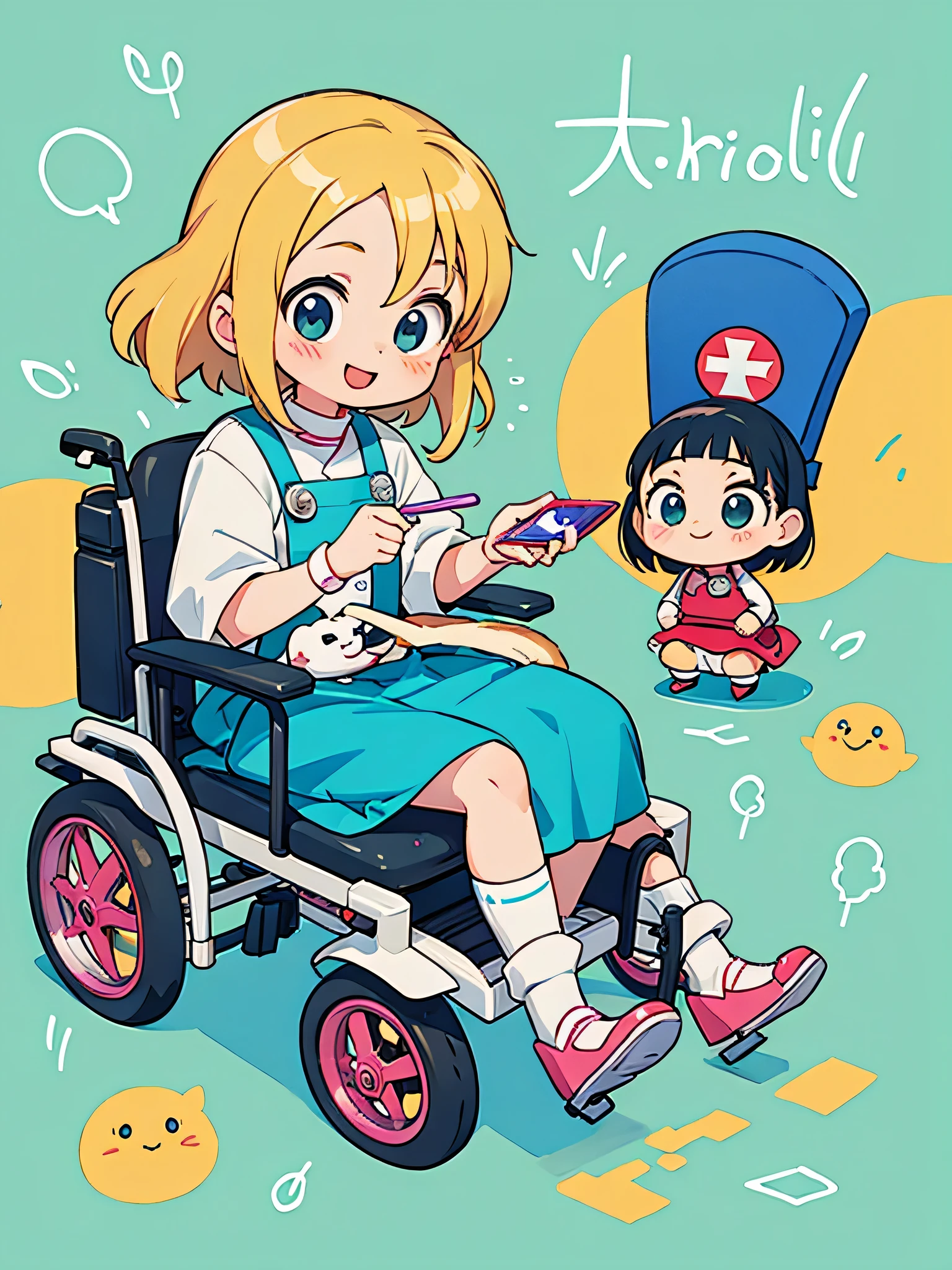 akira toriyama style, Kawaii Design, most beautiful girl ever、Chibi, best smile、wheelchair、hospital