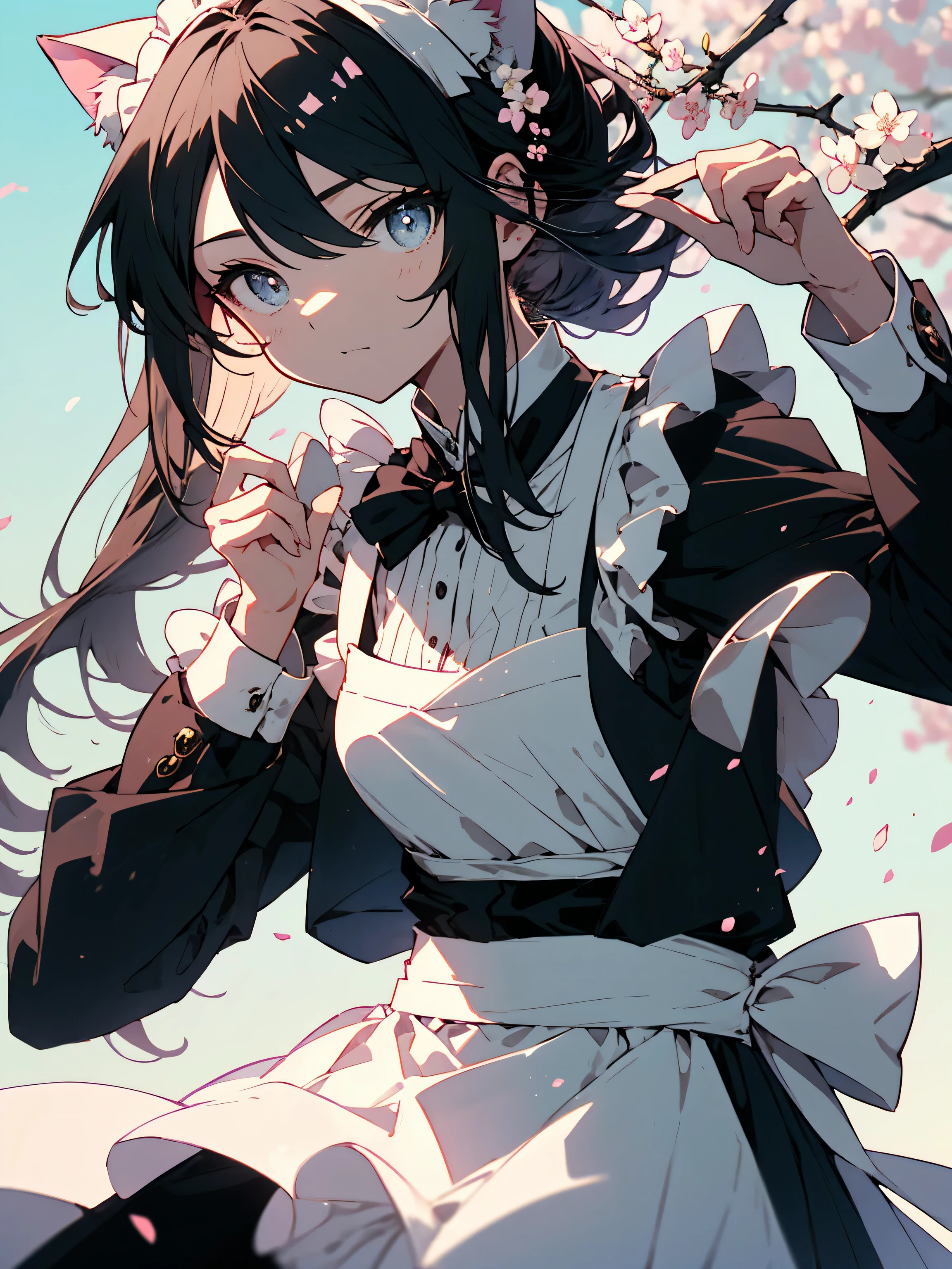 (highest quality、masterpiece、High resolution、be familiar with)、(shining eyes、be familiar with美しい顔)、(1 girl、maid),(maid clothes、Spring specifications)、(Cat ears on the head)、(cute)、(pastel colour)、BREAK,spring landscape、pop theme、 cherry blossom background、(beautiful anime)、dynamic angle