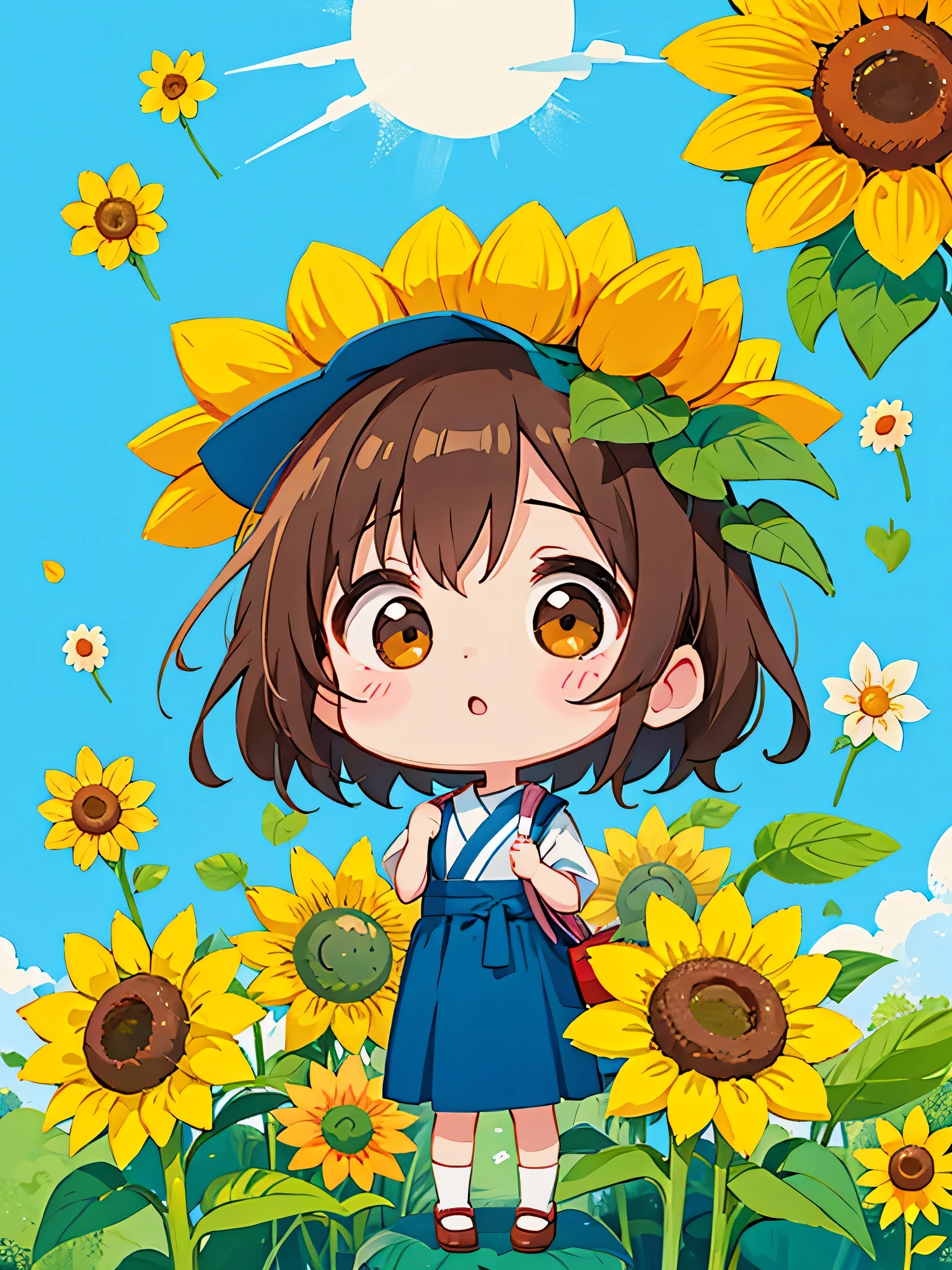 Machiko Satonaka style, Kawaii Design, most beautiful girl ever、Chibi, kind eyes、birdie、sunflower、sun