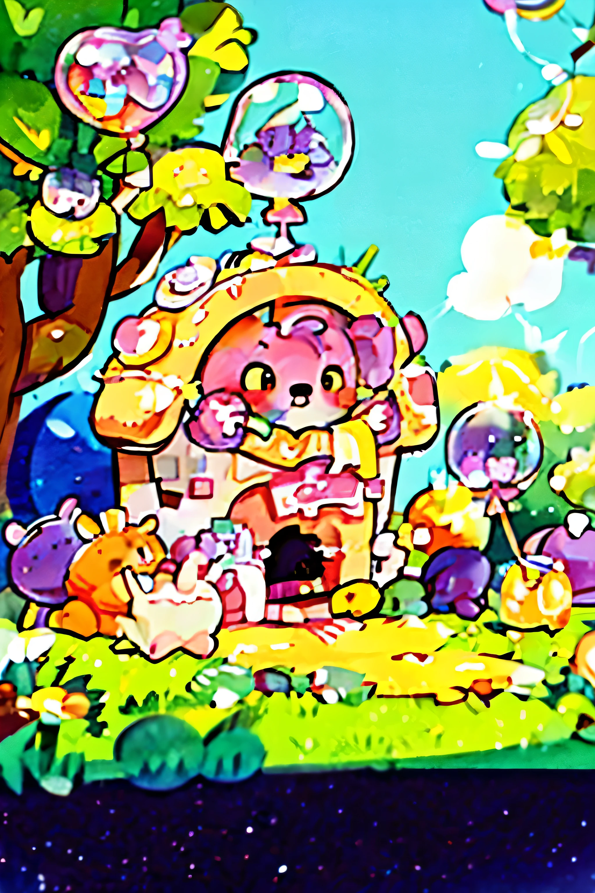 Fresh colors，Watercolor children's painting，balloon castle，cloud，cute，Teddy bear，a white kitten,，A black kitten， happy, perfect quality, clear focus， (masterpiece: 1.2) (realist: 1.2) (Bokeh) (better quality) (Delicate skin: 1.3) (intricate details) (8K) ，poster style，Poster composition，