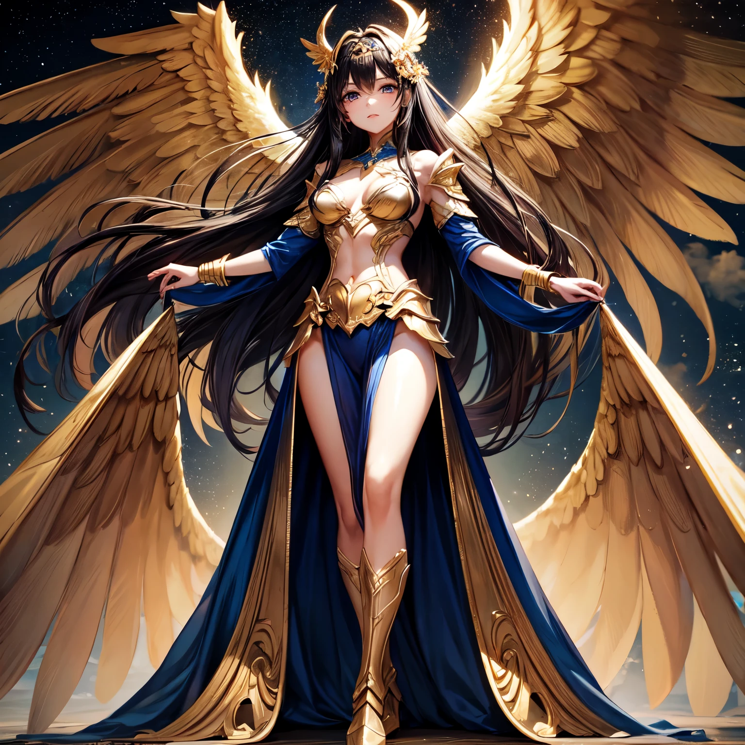 best quality, extremely beautiful, beautiful face, angel woman, four huges golden wing, revealing armor with open front skirt, very long dark hair
