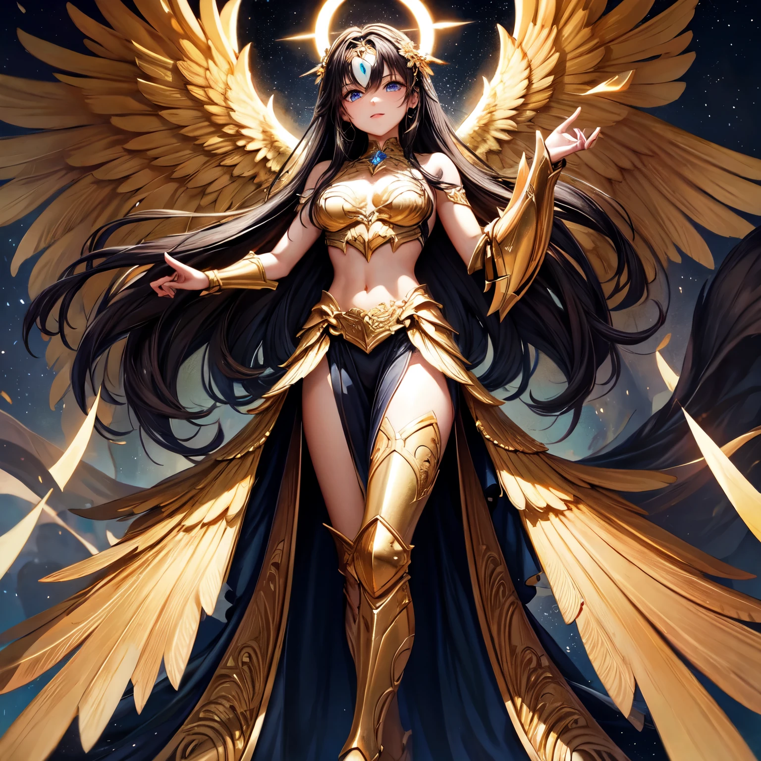 best quality, extremely beautiful, beautiful face, angel woman, four huges golden wing, revealing armor with open front skirt, very long dark hair
