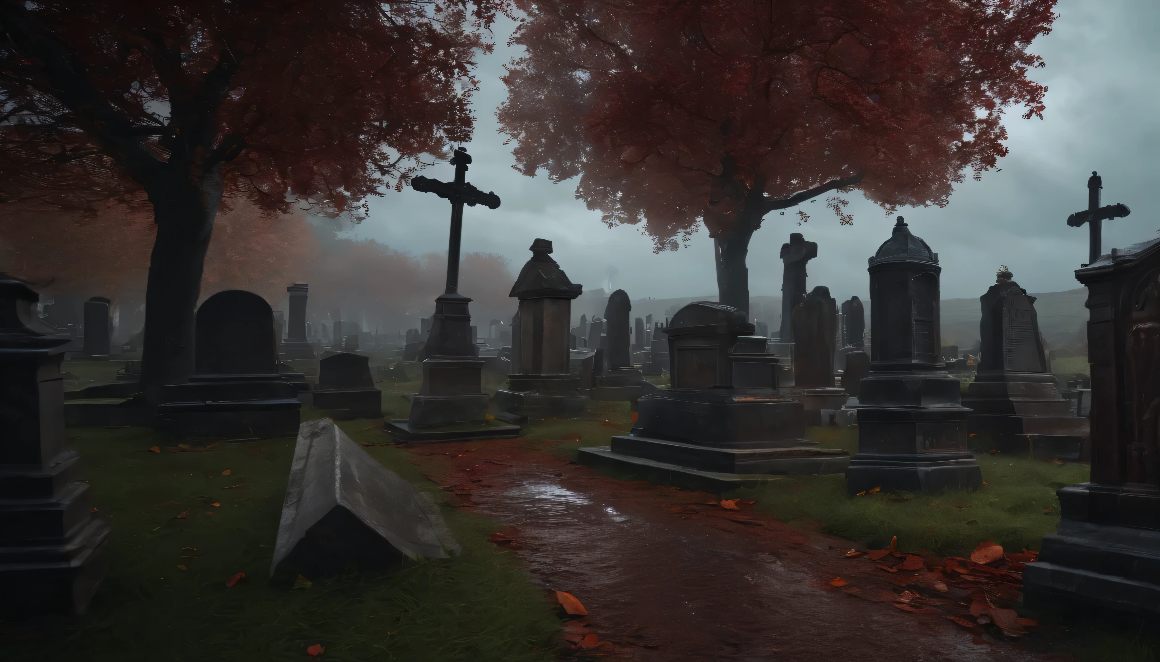 open graves and rising corpses, ancient cemetery reddish black clouds, gloomy and reddish atmosphere, crows and lots of rain. 8k ultra realistic image