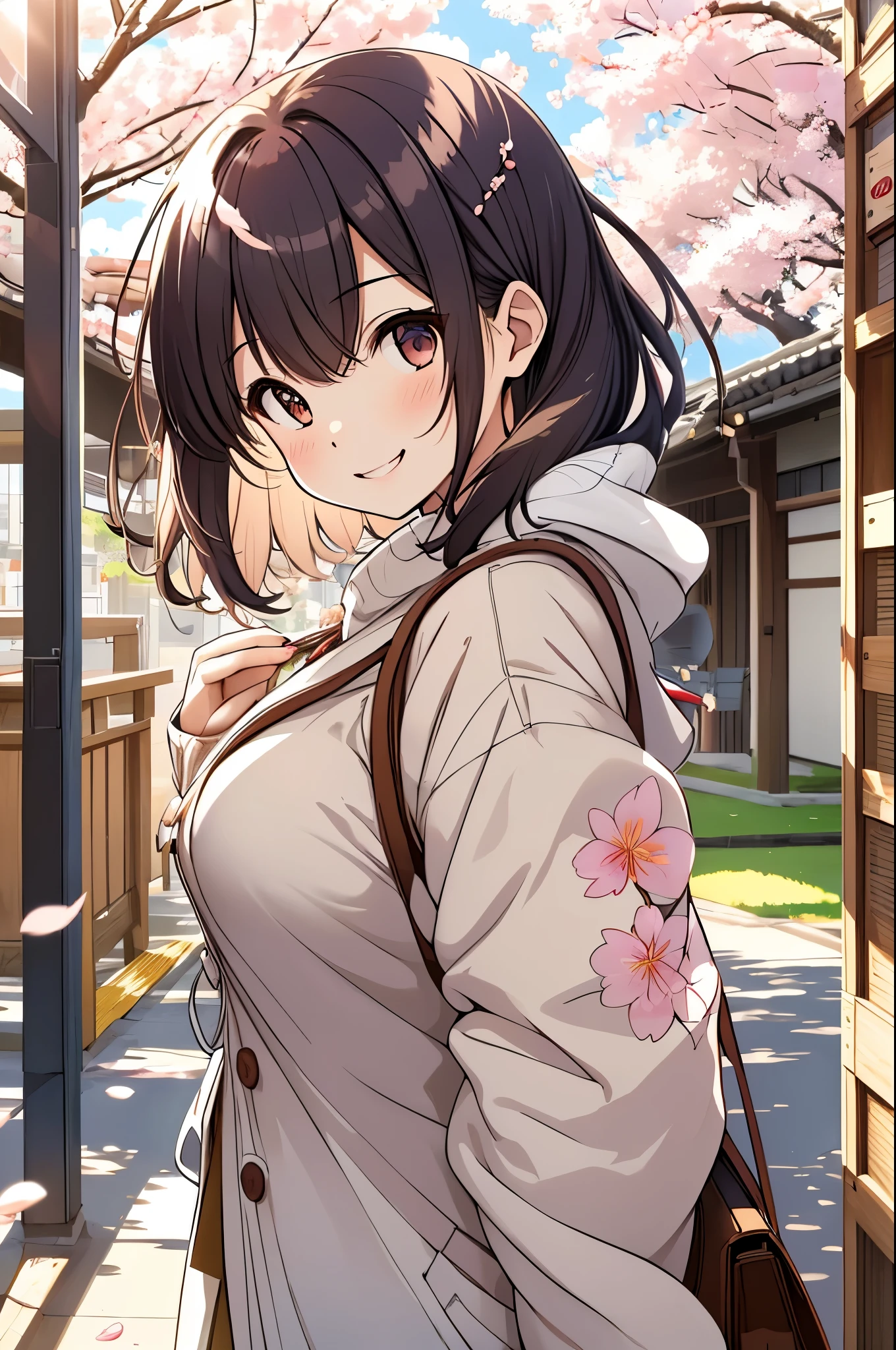 girl, on campus, cherry blossoms, simple canvas style painting style), (Bright and fresh color matching), (shy smile, natural behind the handle), (mid spring, 通りの両側には見事なcherry blossoms並木が) (beautiful blue sky and white clouds, soft and colorful, sunlight), simple background,