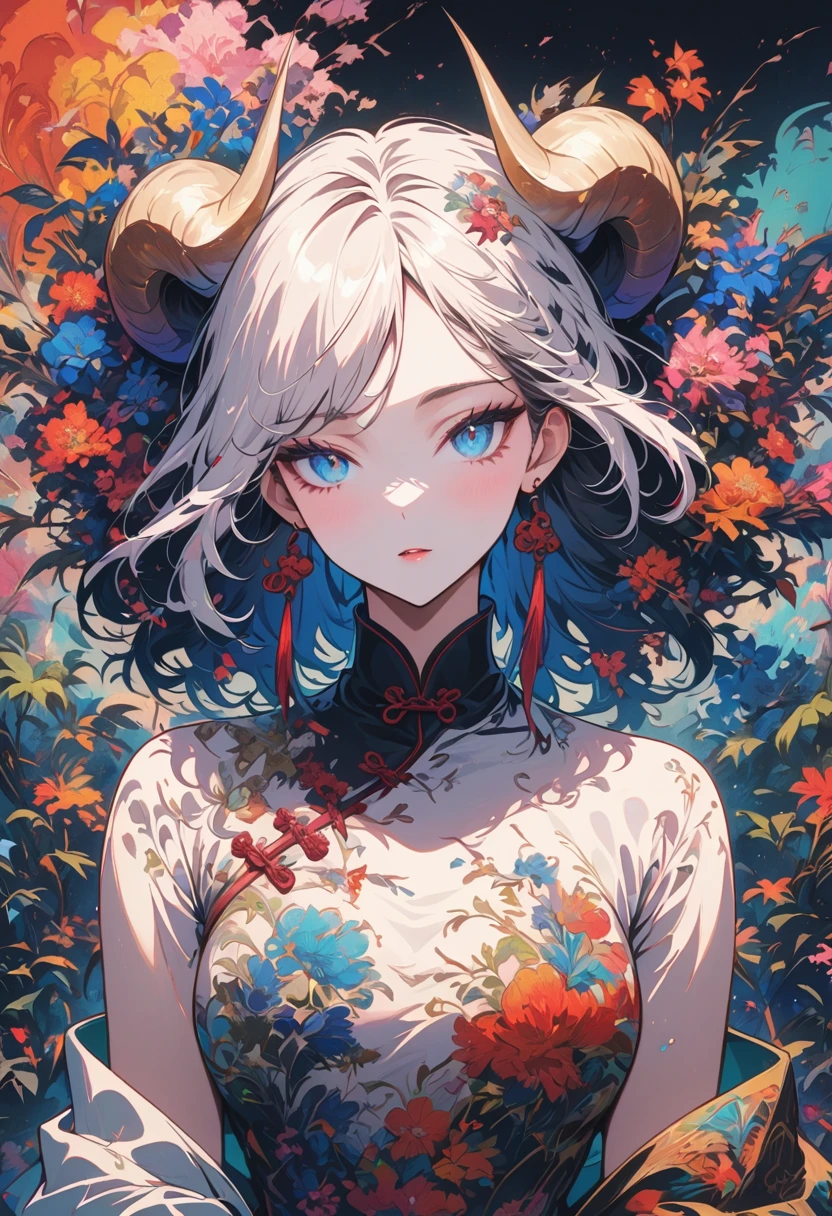 Designed by nty, a woman is, (Albino demon girl standing, long and complex horns:1.2, colorful clothes), intricate details, Colorful background, Abstract,Onmyoji Detailed Art, Oriental traditional art style, beautiful painting style, Ukiyo-style, masterpiece, top quality, best quality, ultra high resolution