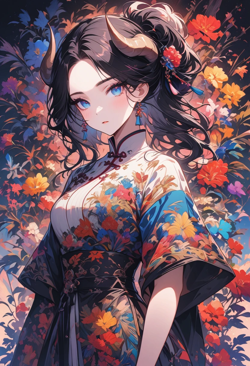 Designed by nty, a woman is, (Albino demon girl standing, long and complex horns:1.2, colorful clothes), intricate details, Colorful background, Abstract,Onmyoji Detailed Art, Oriental traditional art style, beautiful painting style, Ukiyo-style, masterpiece, top quality, best quality, ultra high resolution