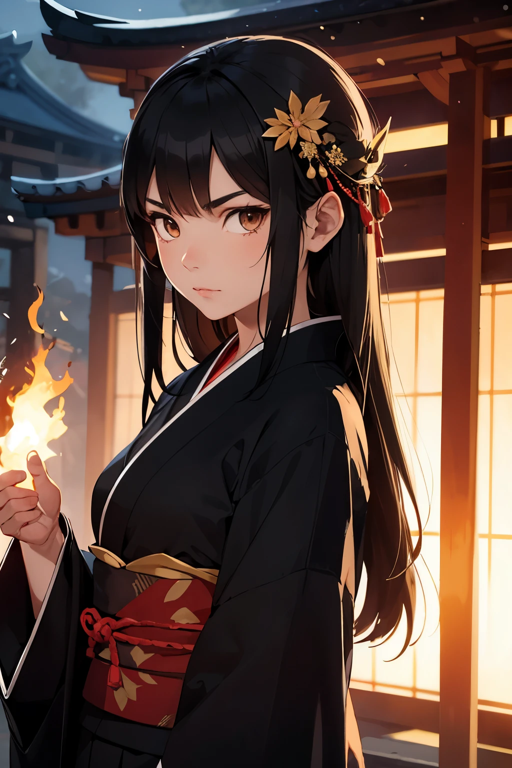 Avatar of the Fire Tribe, girl with long black hair. Brown eyes, black kimono. Stands against the backdrop of a Japanese temple. Calm and serious face. Holds fire in hand