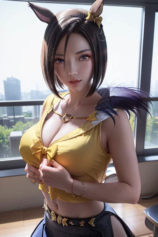 air groove \(umamusume\)(8k, RAW photo, photorealistic:1.25) ,( lipgloss, eyelashes, glosace, glossy skin, best quality, ultra highres, depth of field, chromatic aberration, caustics, Broad lighting, natural shading, Kpop idol, full body:1.3, big tits ) looking at viewer with a serene and goddess-like happiness, highschool classroom, mini skirt, 24 years old