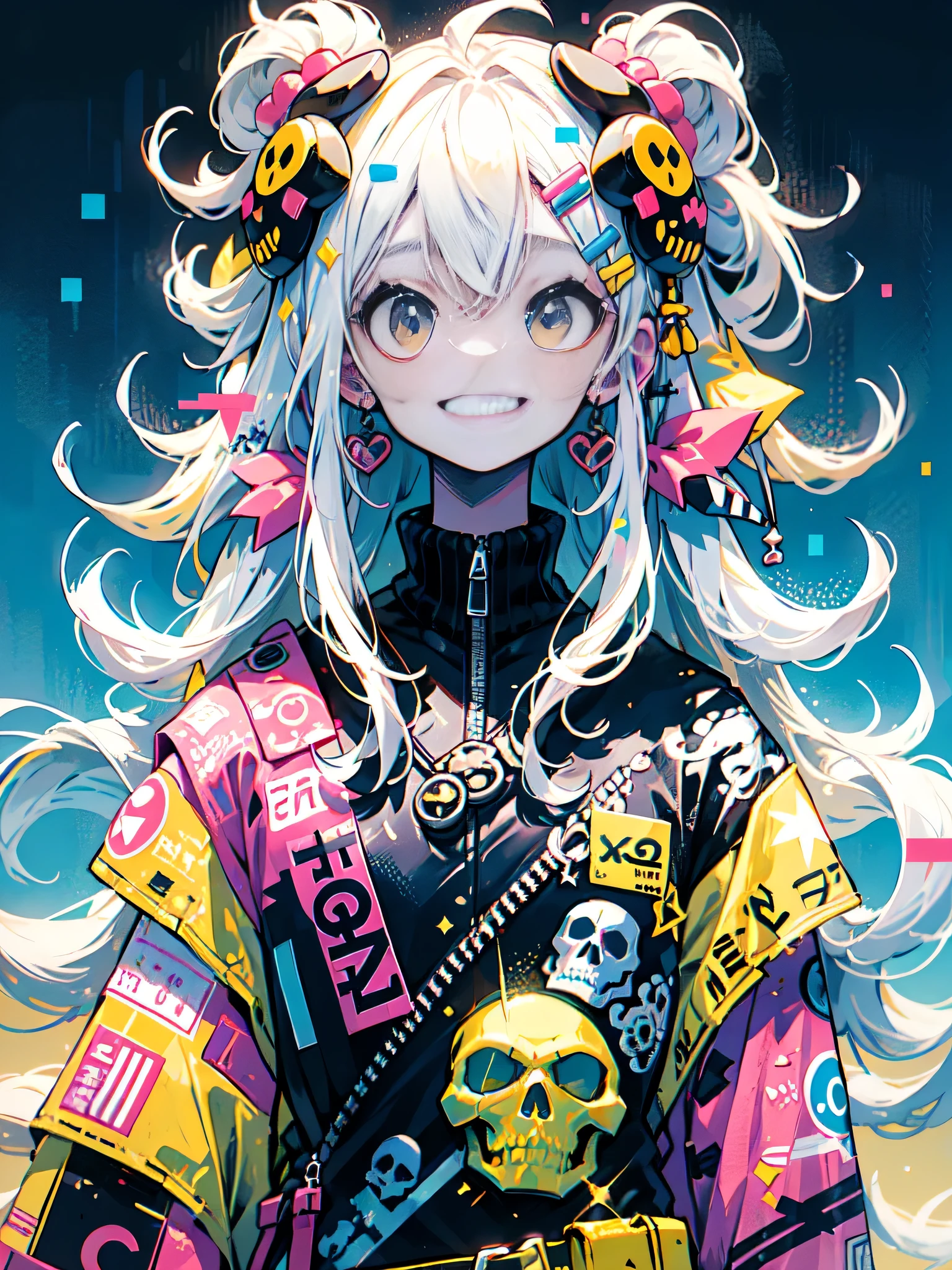 akira toriyama style、"cute, beautiful, Adorable girl wearing pink clothes, yellow, and baby blue color scheme. She is wearing a costume with a SKULL motif inspired by a female pirate.。.。.。.。.。.... her costume is fluffy and soft, Comes with decorative accessories such as hair clips. Embodying the vibrant and modern Harajuku fashion style。."　、(((best smile)))、stylish design