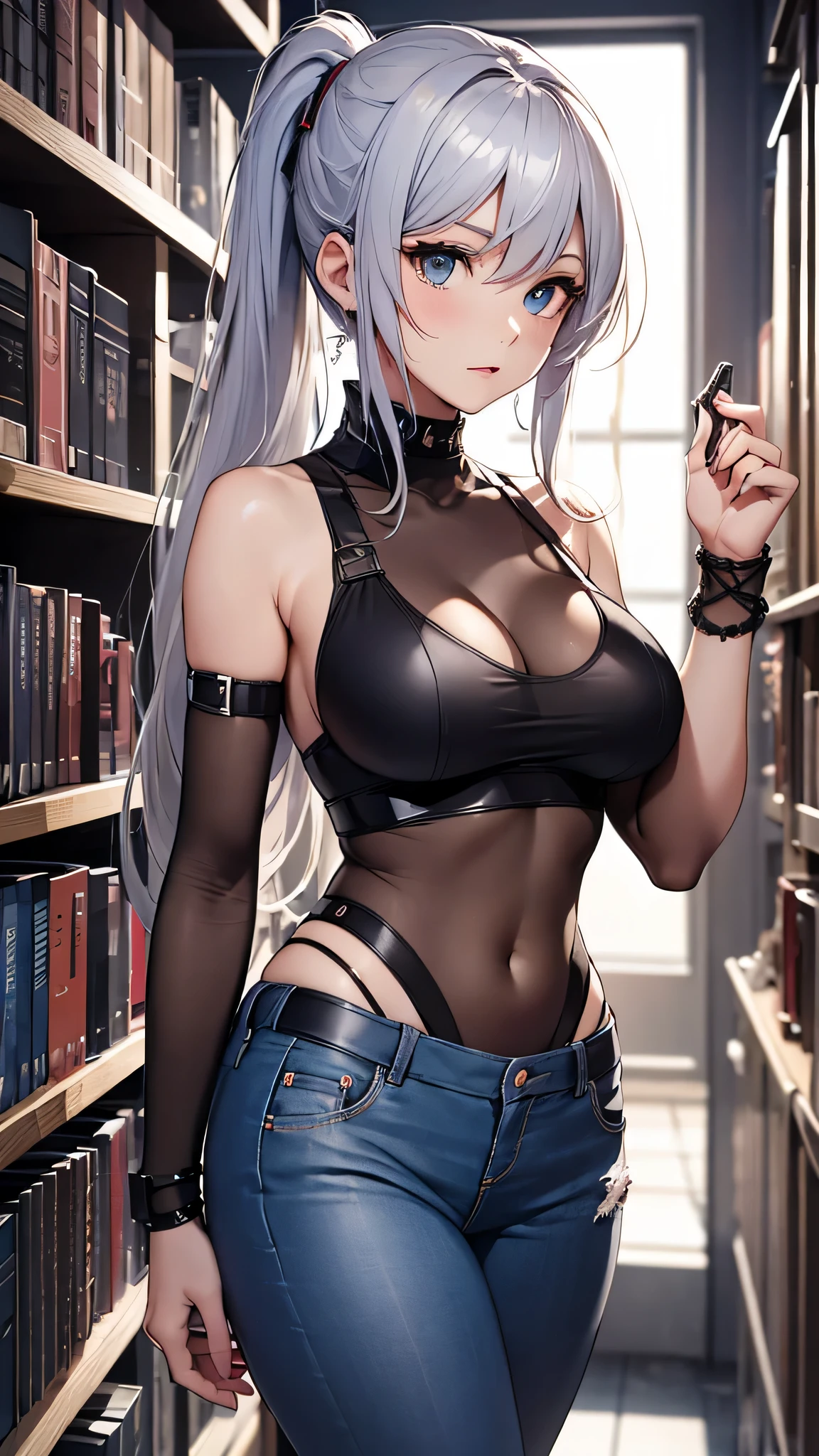 最high quality、best image quality、masterpiece、girl((18-year-old、 By becoming、vest bust、medium bust,wide open breast tea、shining eyes, silver hair、ponytail、long hair、thin,highest valley、white tank top、blue pants、Wristband、brown skin、Holding a handgun)),high quality、beautiful art、background((Dark Research Facility、aisle、broken wall、warning mark、battlefield))、Flight、debris flies、Depth of written boundary、movie、visual art、perfect art、8K,genuine、