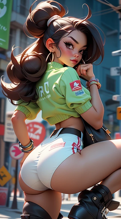 Giantess akali wearing crop top and jacket, barefoot, athletic body, gts city, city buildings, smoke, clouds, evil