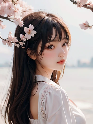 alone girl, cherry blossoms, soft back lighting, high quality photography, white background, seed 6304780866278890