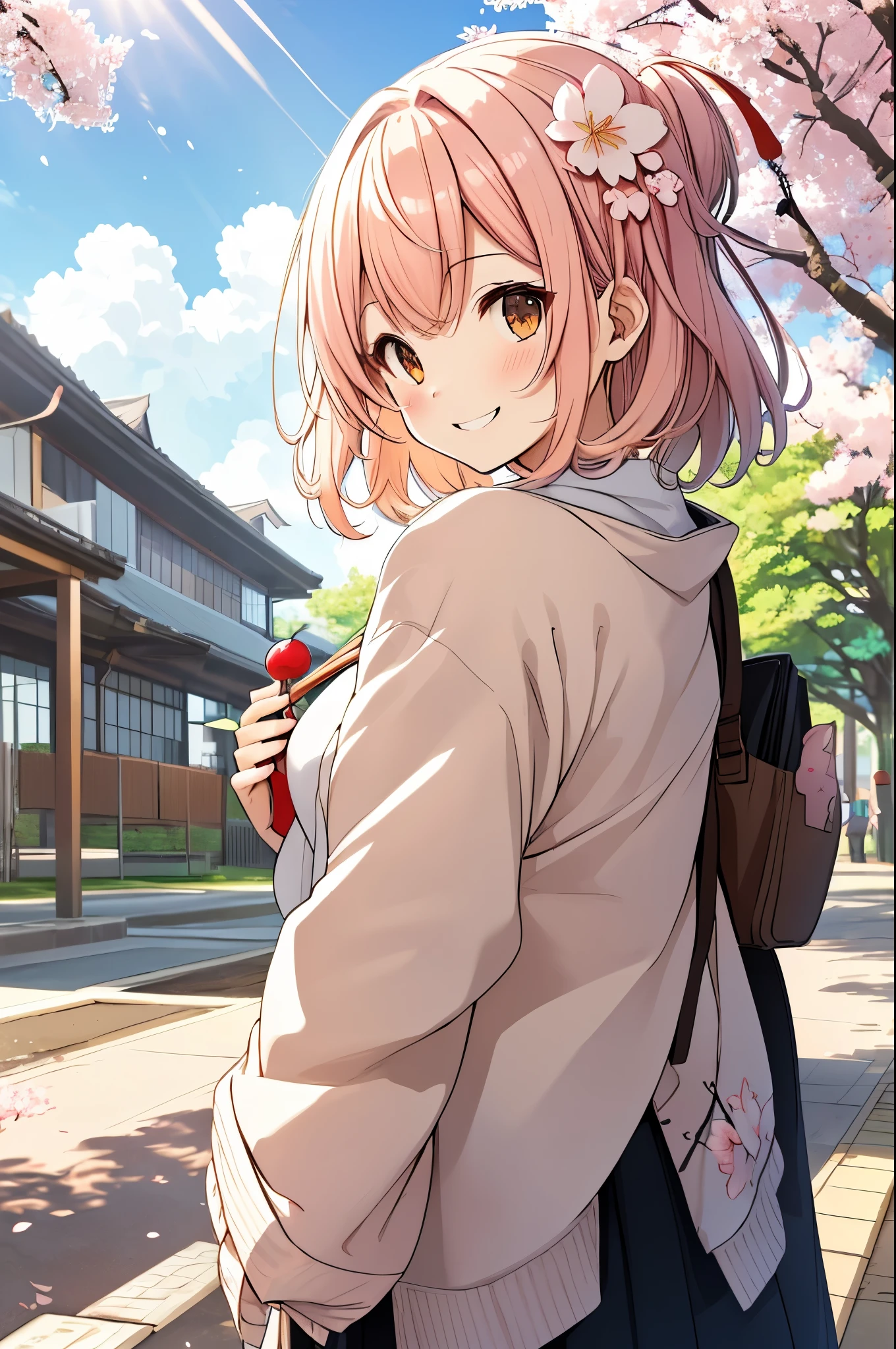 girl, on campus, cherry blossoms, simple canvas style painting style), (Bright and fresh color matching), (shy smile, natural behind the handle), (mid spring, 通りの両側には見事なcherry blossoms並木が) (beautiful blue sky and white clouds, soft and colorful, sunlight), simple background,