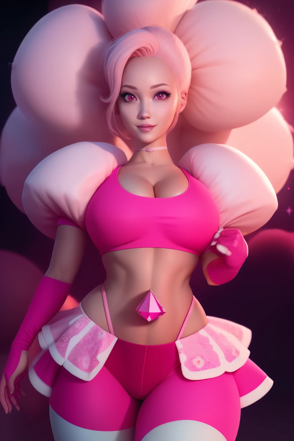 pnkdamond, pink hair, pink eyes,  big hair,  stomach gem,  pink skin,  toned, 
puffy short sleeves, elbow gloves ,  white thighhighs,   puffy dress, 
standing, upper body, 
 outerspace,  
(insanely detailed, beautiful detailed face,beautiful detailed eyes, masterpiece, best quality) cinematic lighting,  smile, 
 