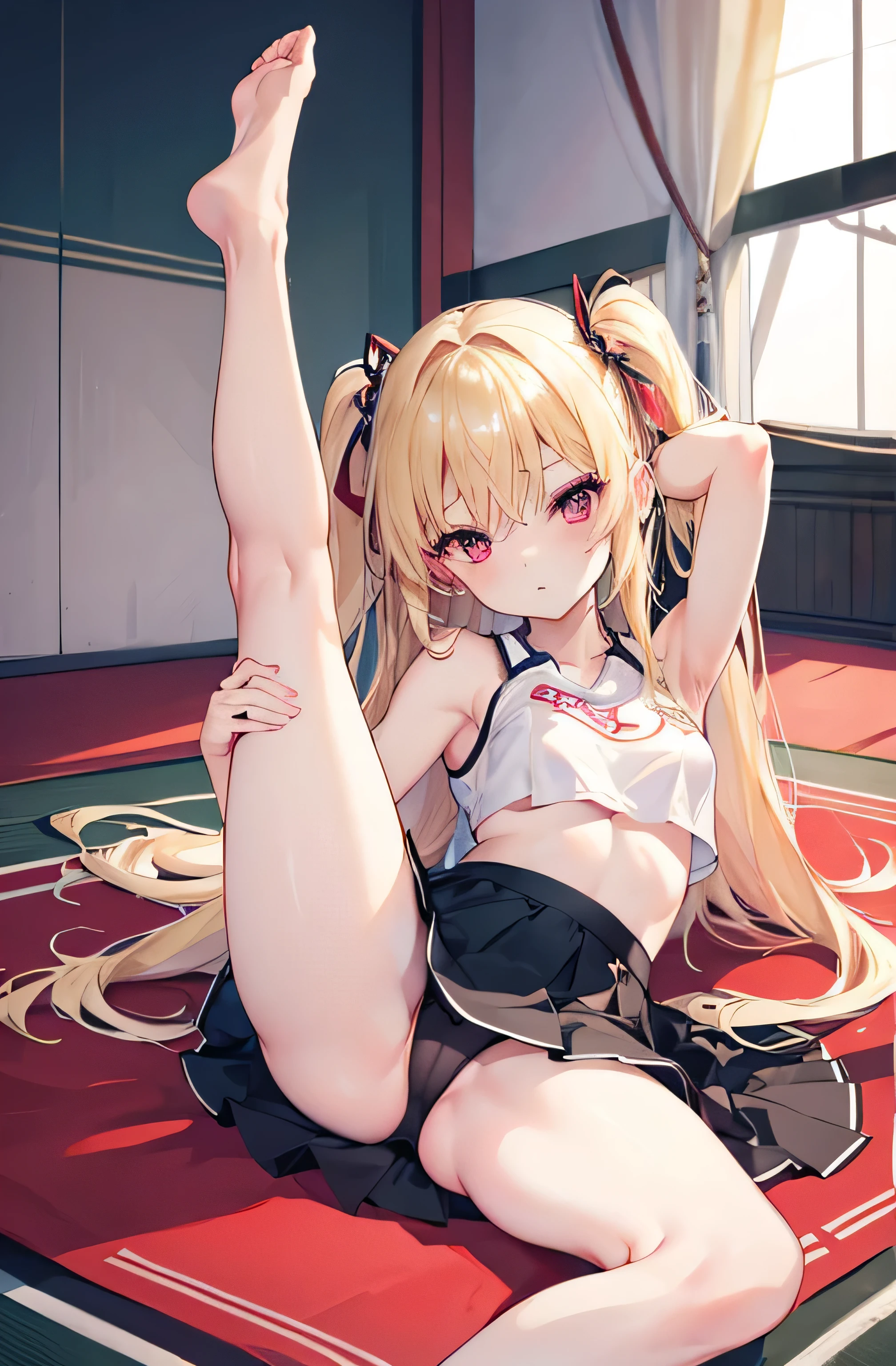 highest quality、Beauty、blonde、Fair skin、red eyes、Tree eyes、(small breasts:0.7)、delicate、tennis wear、On the gymnastics mat、twin tailaiden&#39;s face、spread her legs wide open、lying on the bed、Legs high、put your hand on your chest、(thin legs:1.7)、black skirt、Sole、barefoot、low rise panties、Spread your thighs、Breast flick、Perspective from directly above