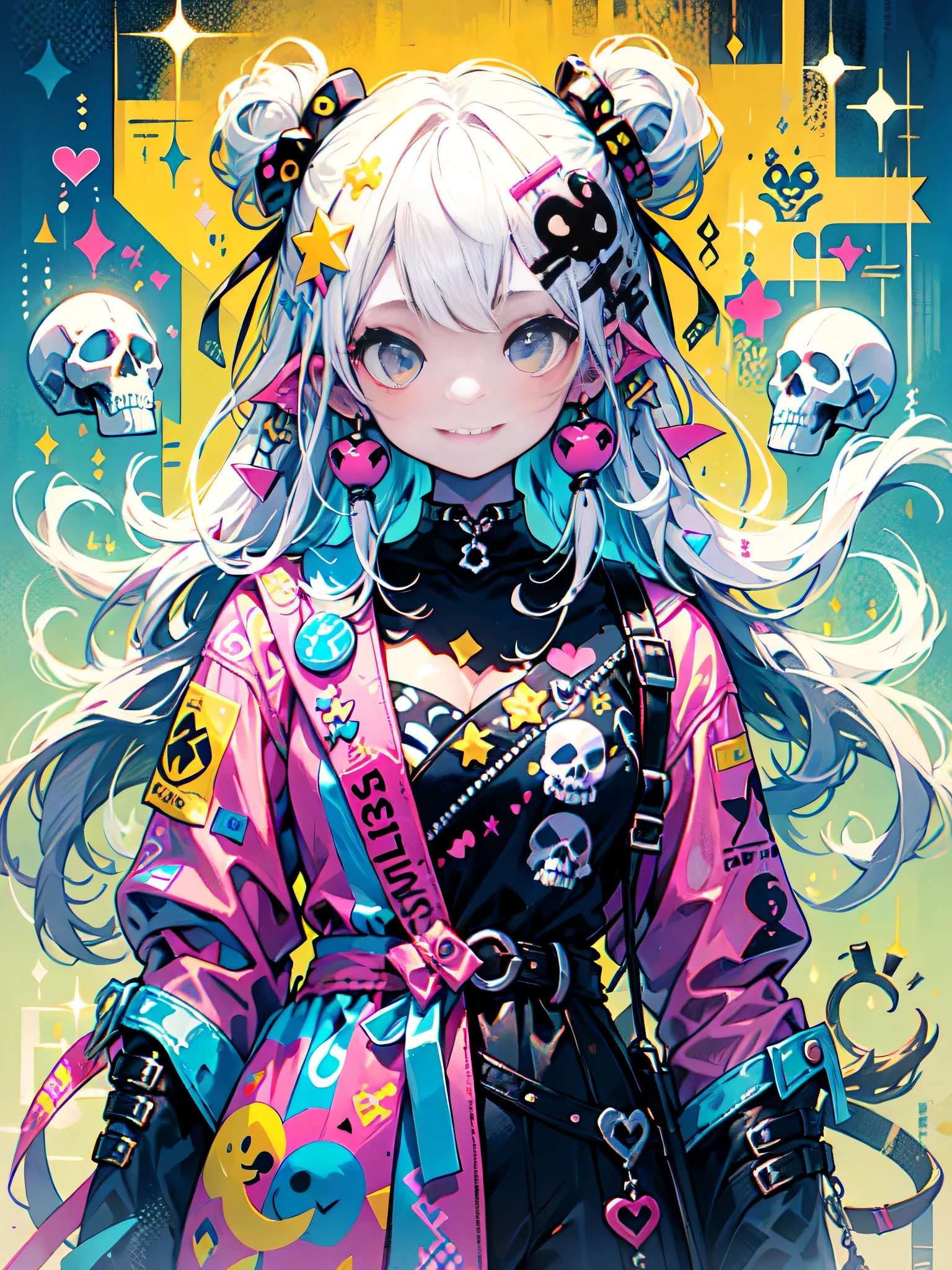 "cute, beautiful, Adorable girl wearing pink clothes, yellow, and baby blue color scheme. She is wearing a costume with a SKULL motif inspired by a female pirate.。.。.。.... her costume is fluffy and soft, Comes with decorative accessories such as hair clips. Embodying the vibrant and modern Harajuku fashion style。."　、best smile
