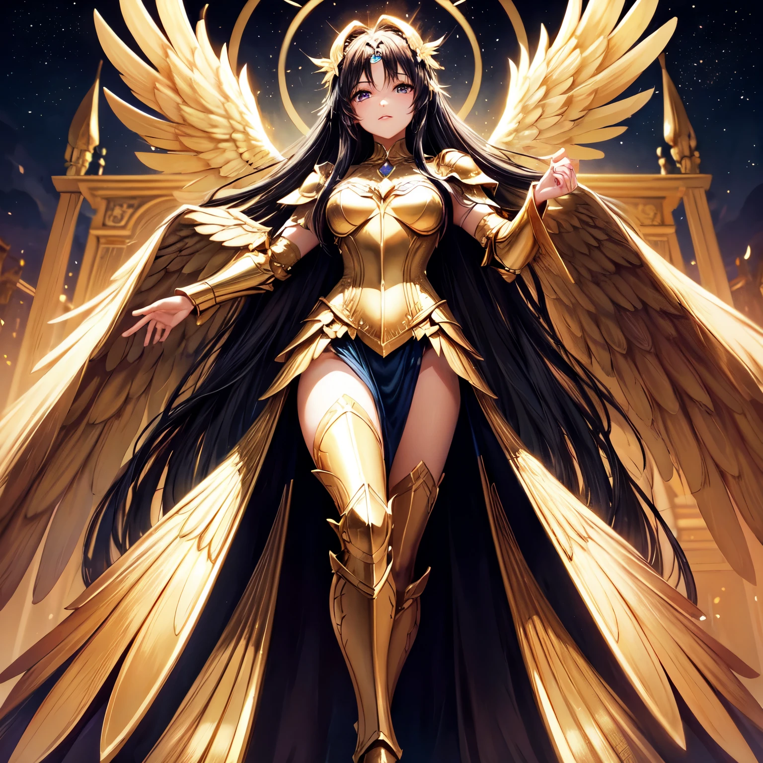 best quality, extremely beautiful, beautiful face, angel woman, four huges golden wing, revealing armor with open front skirt, very long dark hair