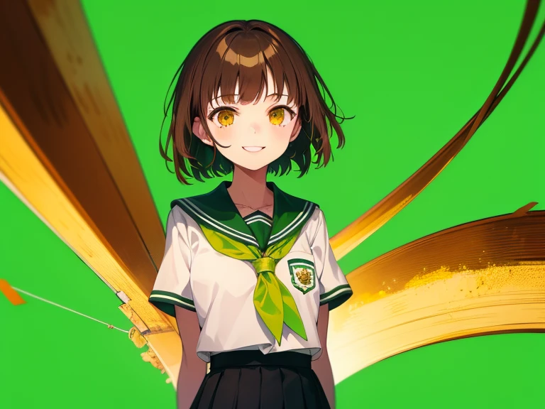 ((green background)), (long shot), (shoot from front), (smile), one girl, (white student clothes), short bob, brown hair, golden eyes, , short height, city girl