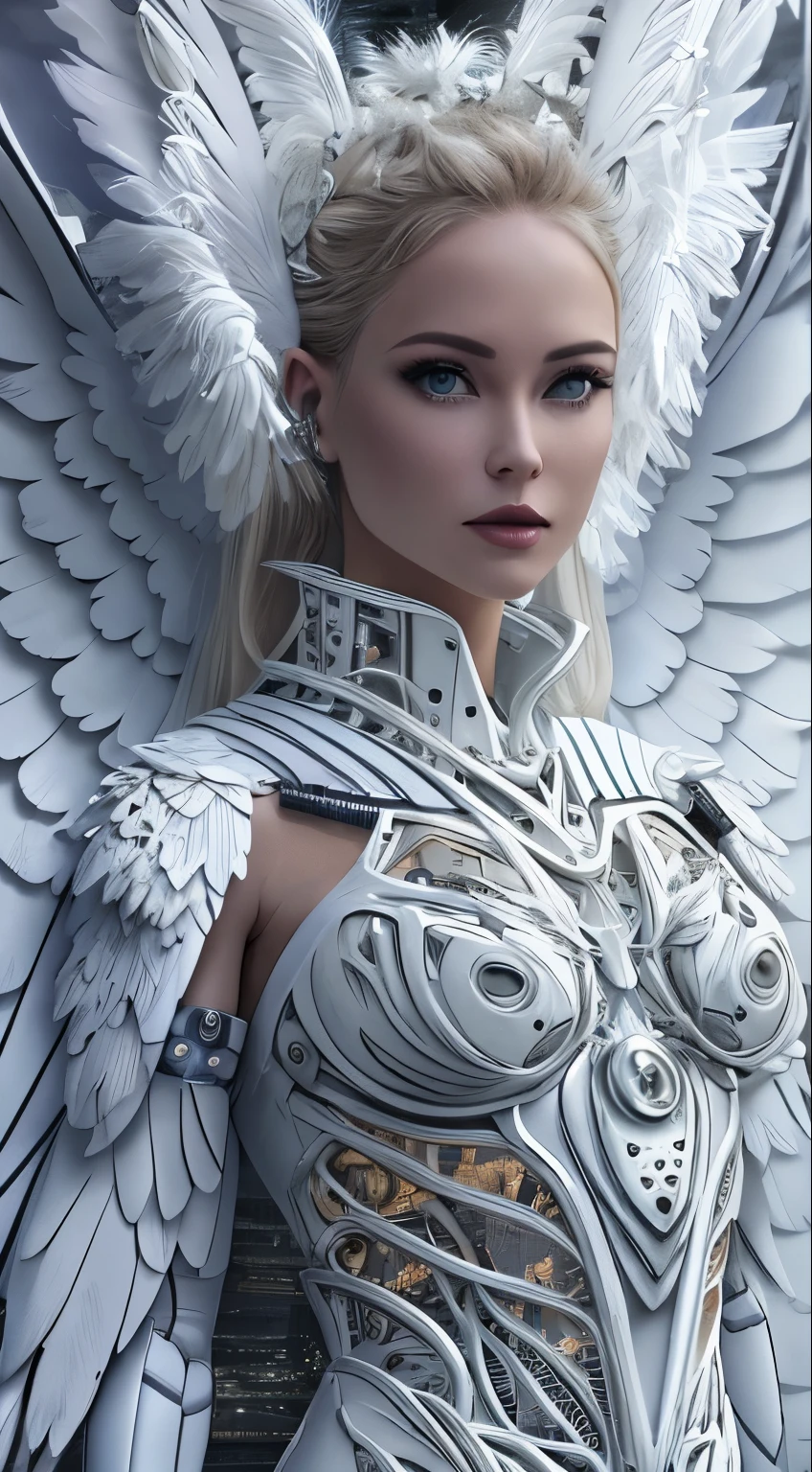 Close-up of a woman in a white dress with wings, full body angel, futuristic robot angel, amazing angel wings, angel knight gothic girl, angel in plastic armor, intricate costume designs, As a mysterious Valkyrie, Its whole body is made of white feathers,, futuristic and fantastic, white wings, beautiful angel wings, steampunk angel, beautiful cyborg angel girl, graceful wings
