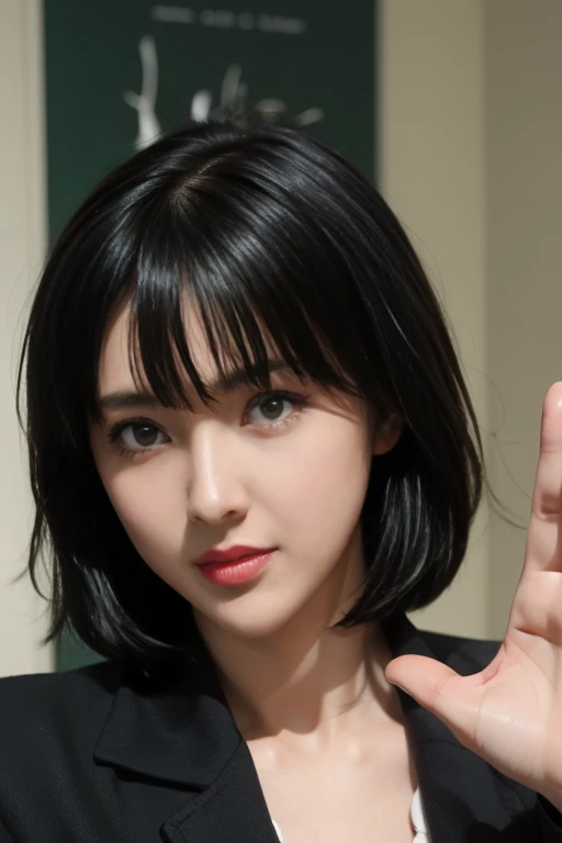 ((highest quality)), ((masterpiece)), (be familiar with), perfect face,fubuki, fubuki waving towards me,Breasts around G cup size,short black hair,green eyes,