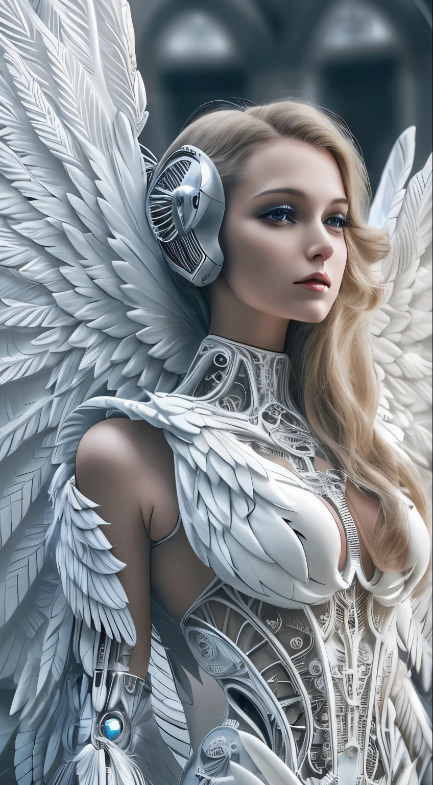 Close-up of a woman in a white dress with wings, full body angel, futuristic robot angel, amazing angel wings, angel knight gothic girl, angel in plastic armor, intricate costume designs, As a mysterious Valkyrie, Its whole body is made of white feathers,, futuristic and fantastic, white wings, beautiful angel wings, steampunk angel, beautiful cyborg angel girl, graceful wings