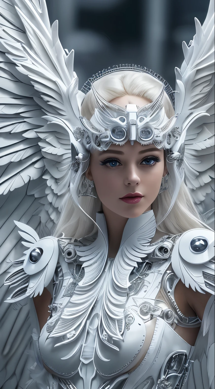 Close-up of a woman in a white dress with wings, full body angel, futuristic robot angel, amazing angel wings, angel knight gothic girl, angel in plastic armor, intricate costume designs, As a mysterious Valkyrie, Its whole body is made of white feathers,, futuristic and fantastic, white wings, beautiful angel wings, steampunk angel, beautiful cyborg angel girl, graceful wings