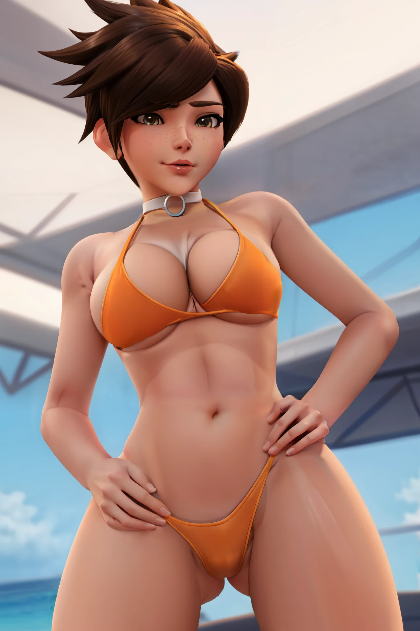 Tracer fromoverwatch is wearing a slutty string bikini and is choking on your cock. pussy_outline. sexy pose. nsfw. cameltoe.