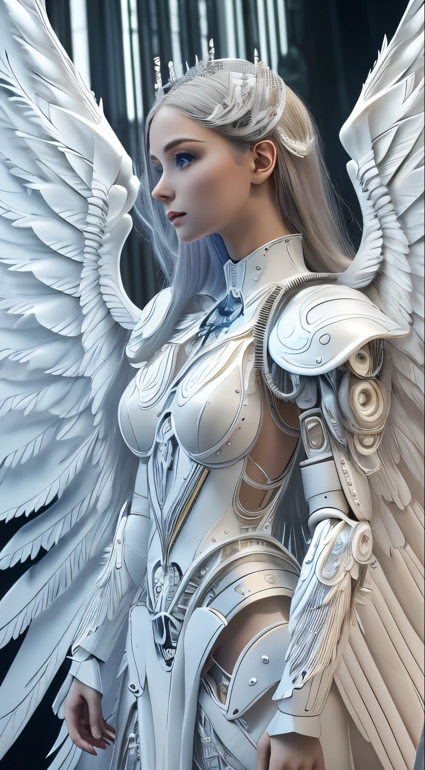 Close-up of a woman in a white dress with wings, full body angel, futuristic robot angel, amazing angel wings, angel knight gothic girl, angel in plastic armor, intricate costume designs, As a mysterious Valkyrie, Its whole body is made of white feathers,, futuristic and fantastic, white wings, beautiful angel wings, steampunk angel, beautiful cyborg angel girl, graceful wings