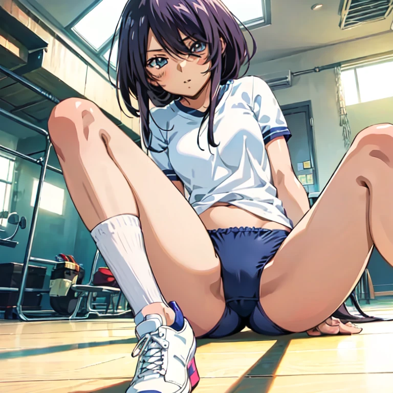 ((kanu unchou)), long hair, (master piece, high quality)、anime girl sitting on a mat, しゃがむbeautifulアニメの女の子, anime girl squatting, anime moe art style, ((bloomers)), ((buruma)), thighs!!!, strongest pose, Smooth anime CG art, navy color buruma, (spread your legasterpiece)), ((最high quality)), (Super detailed), ((cute)), ((very detailed)), 最high quality, (beautiful),　anime style, 1 girl, alone, Old school gym clothes(jp)