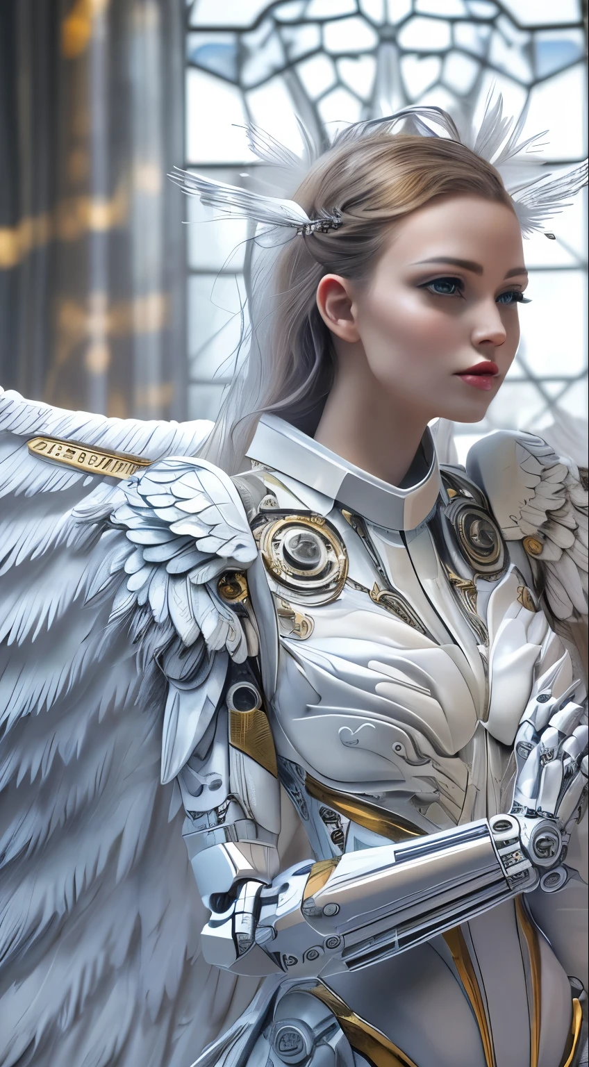 Close-up of a woman in a white dress with wings, full body angel, futuristic robot angel, amazing angel wings, angel knight gothic girl, angel in plastic armor, intricate costume designs, As a mysterious Valkyrie, Its whole body is made of white feathers,, futuristic and fantastic, white wings, beautiful angel wings, steampunk angel, beautiful cyborg angel girl, graceful wings