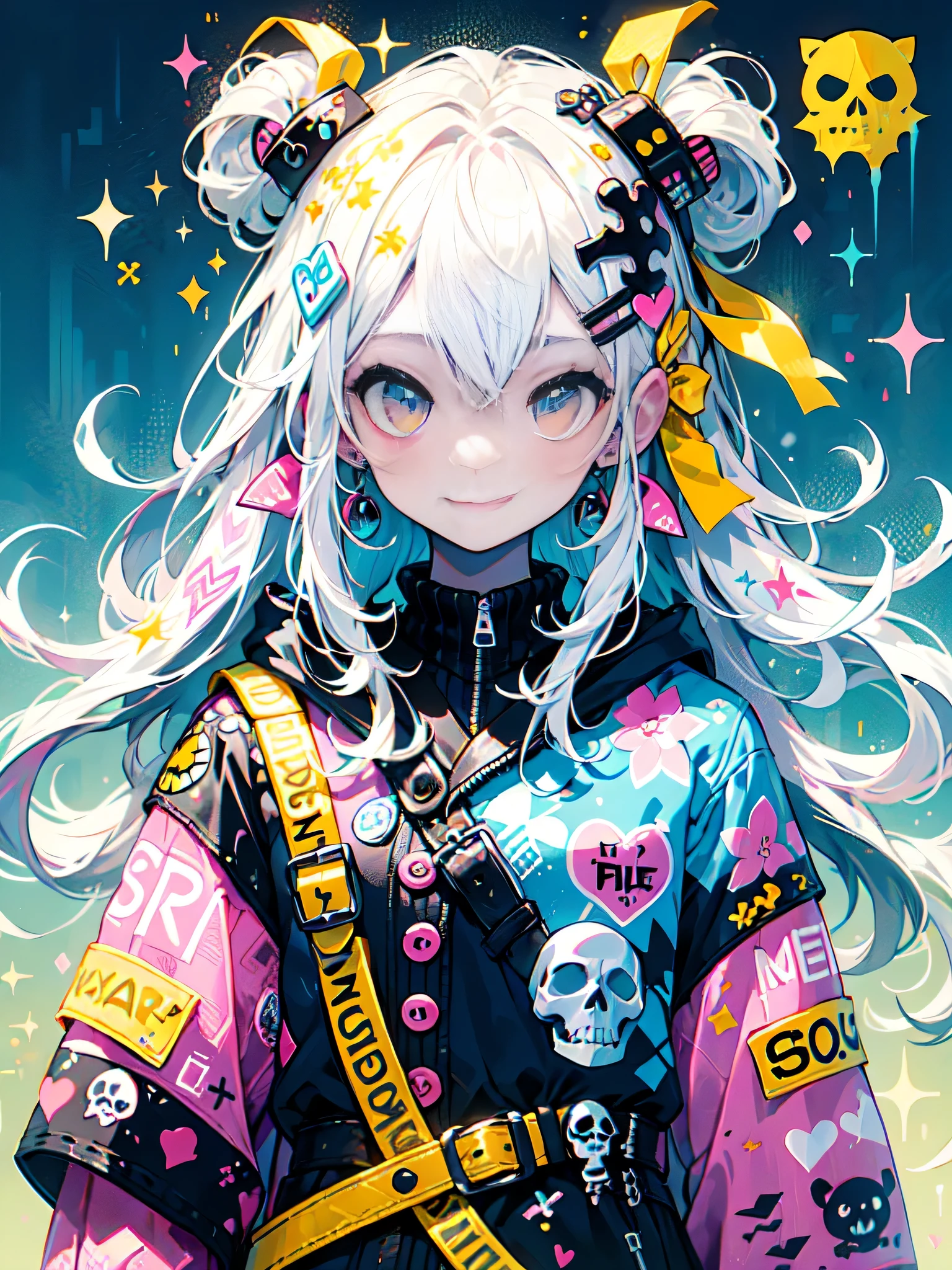 "cute, beautiful, Adorable girl wearing pink clothes, yellow, and baby blue color scheme. She is wearing a costume with a SKULL motif inspired by a female pirate.。.。.。.... her costume is fluffy and soft, Comes with decorative accessories such as hair clips. Embodying the vibrant and modern Harajuku fashion style。."　、best smile