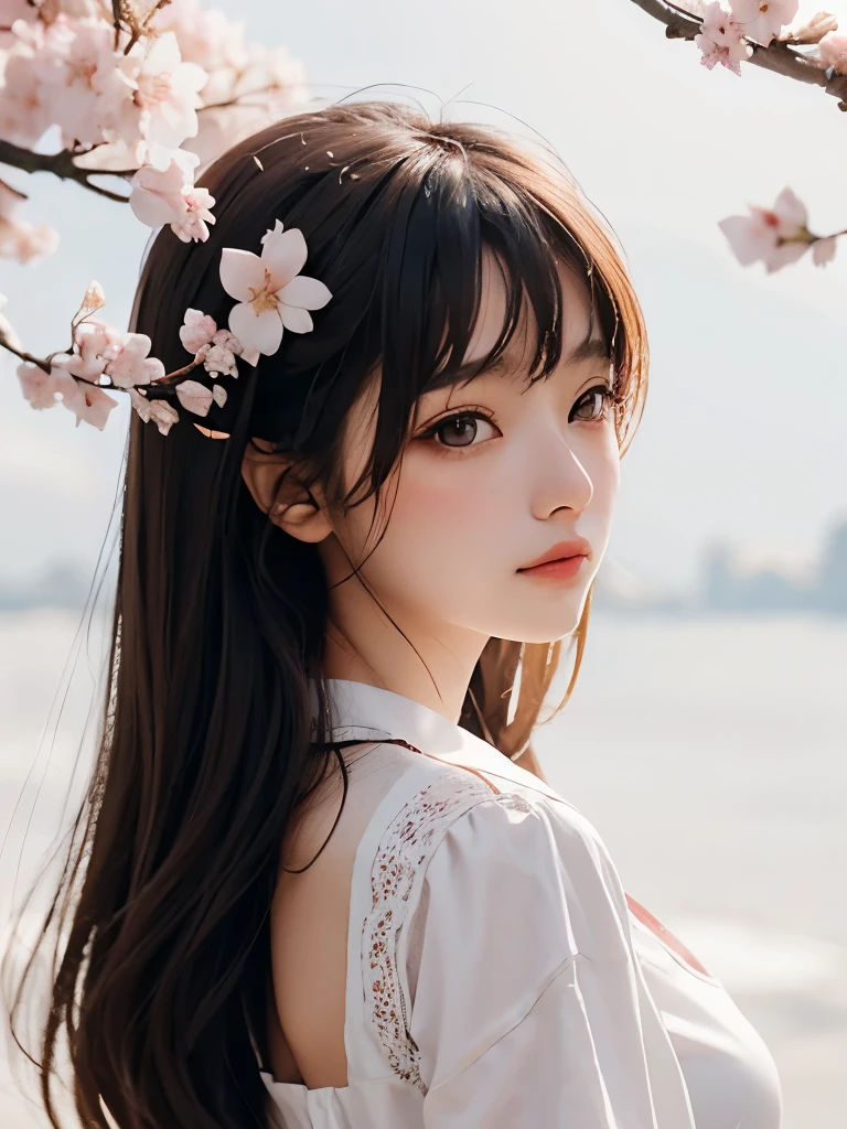 alone girl, cherry blossoms, soft back lighting, high quality photography, white background, seed 6304780866278890