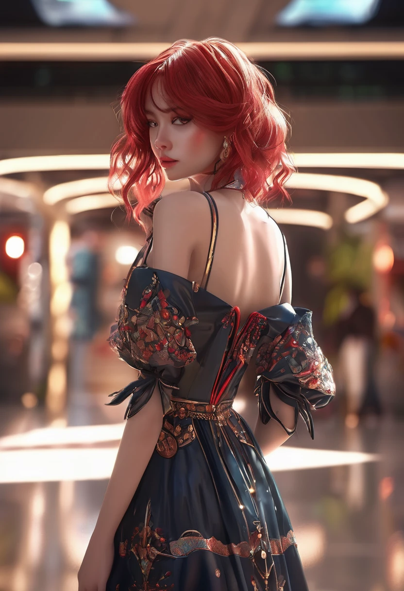 1 girl, full body back with details on the back walking in a shopping mall details, red hair fantasy very long very long slightly curly, vintage clothes lol jinx style, intricate details, stareye, blush, perfect lighting, fancy red hair, red eyes, unreal engine, side lighting, diamond type face full of freckles detailed, bangs, shiny skin, simple background,  Dark background, well-centered photo in hyper realistic 8K closeup
